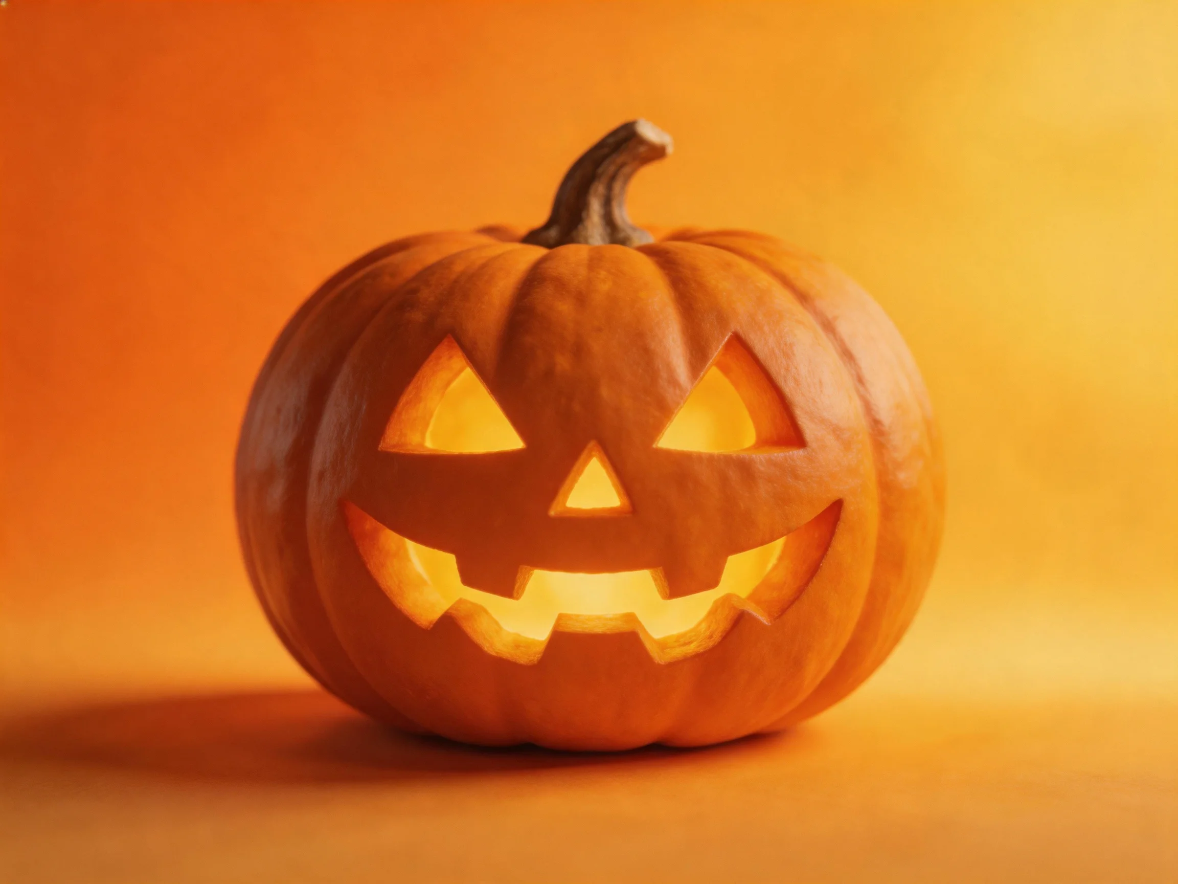 A carved jack-o-lantern with triangular eyes and a wide grin, glowing warmly against an orange backdr