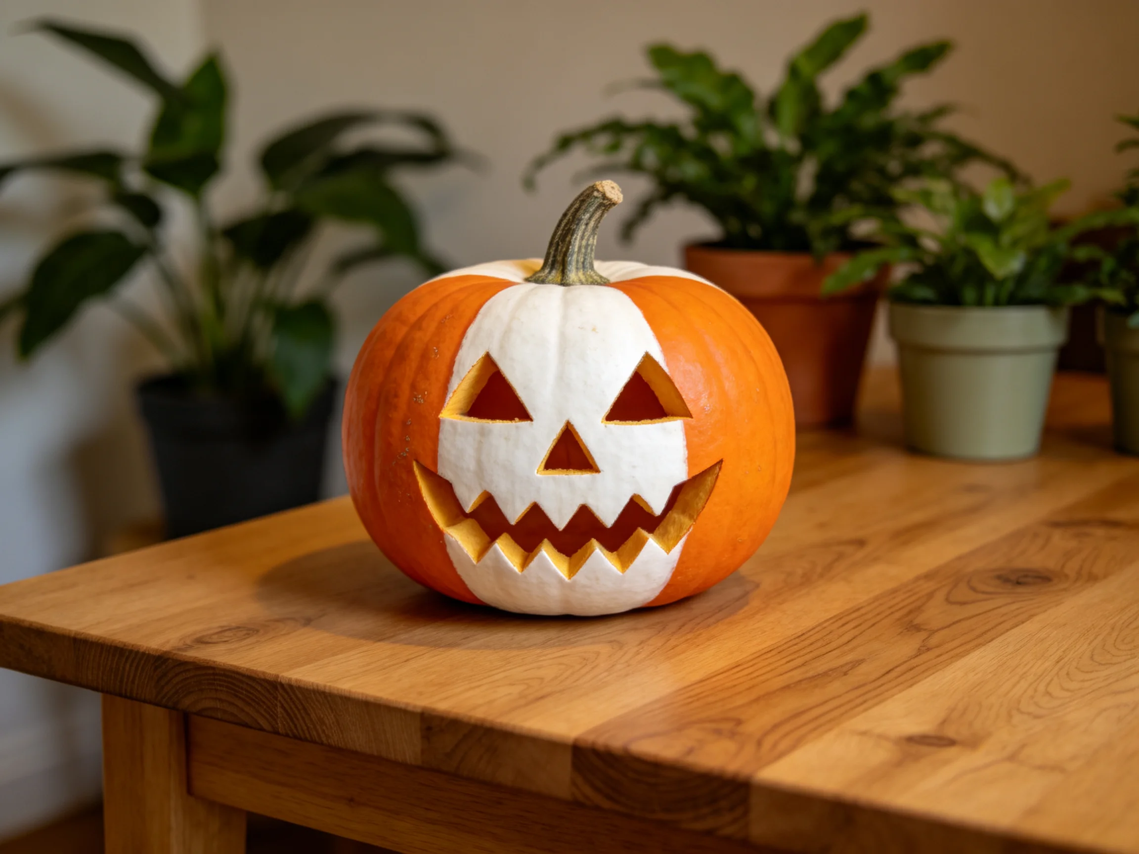 A carved orange and white jack - o - lantern on a wooden table