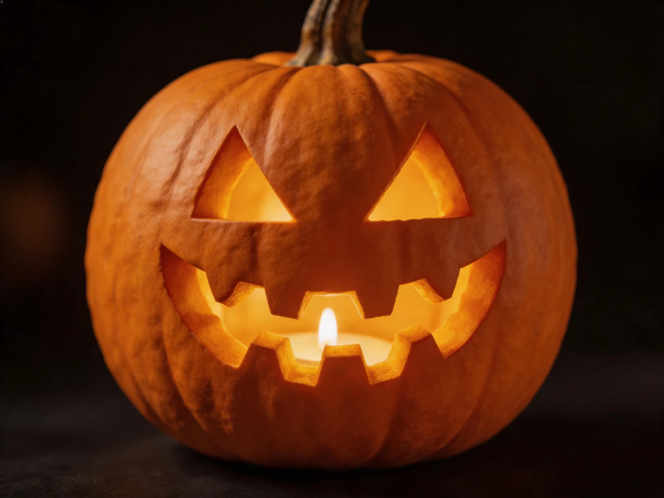 A carved orange jack - o - lantern with triangular eyes and jagged mouth, lit from within