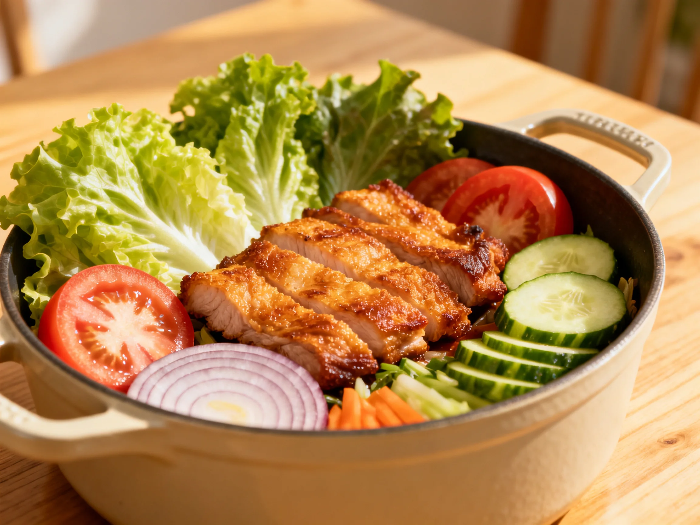 A cast iron bowl serves grilled pork with fresh lettuce, tomatoes, cucumbers, and red onion