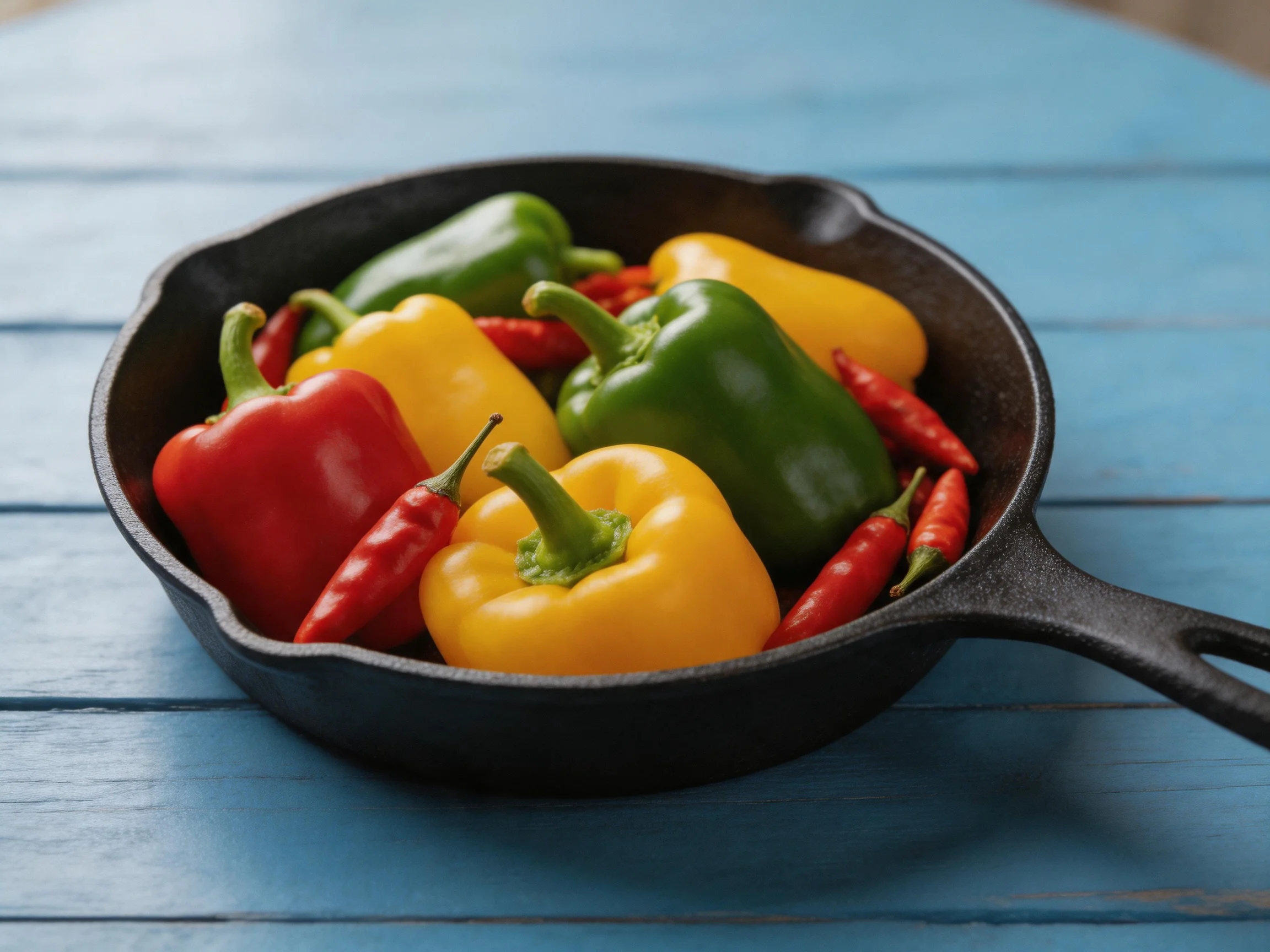 A cast iron skillet holds colorful bell peppers and chili peppers on a blue wooden table