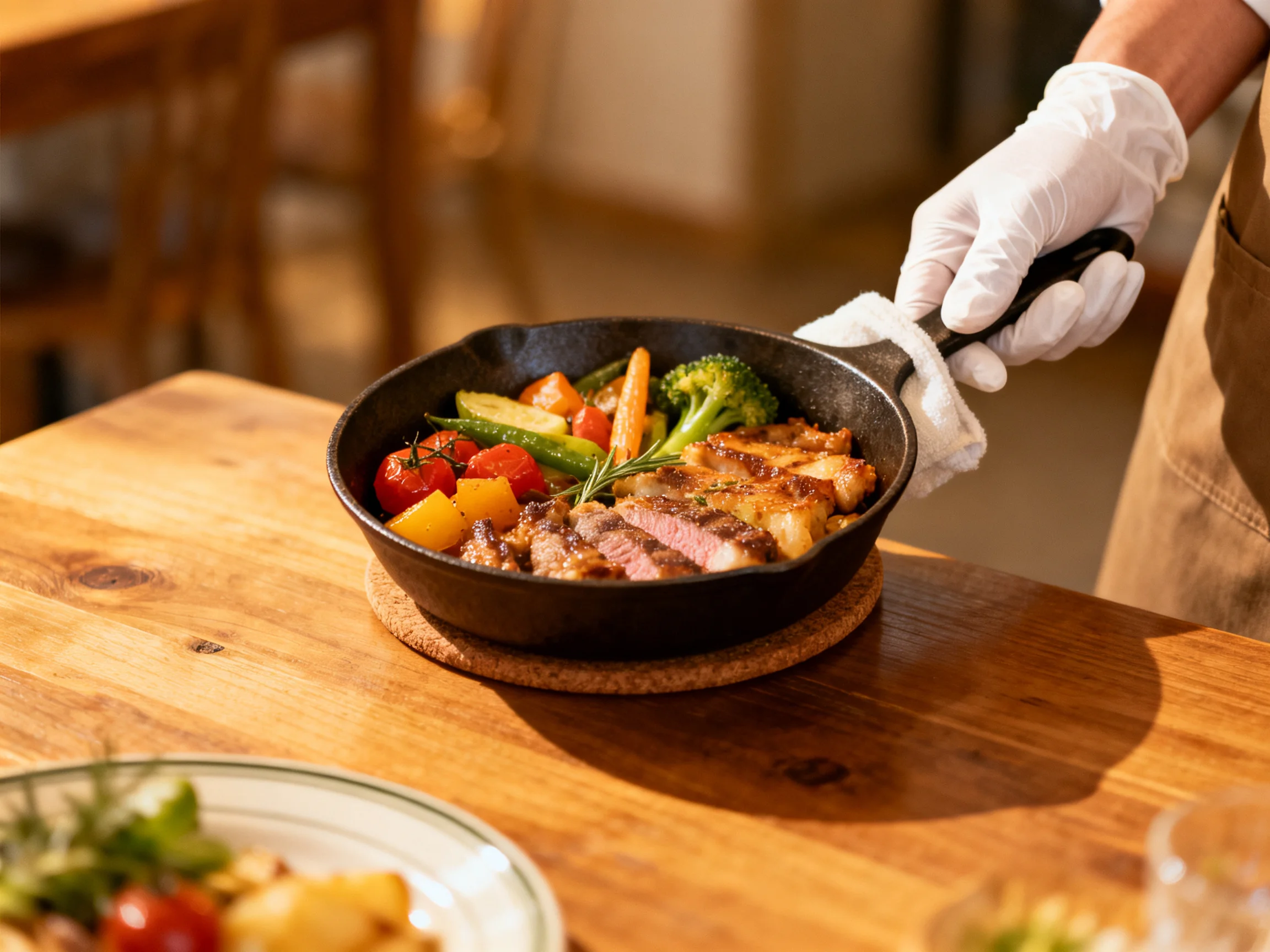 A cast iron skillet holds grilled meat, colorful vegetables, and herbs for serving