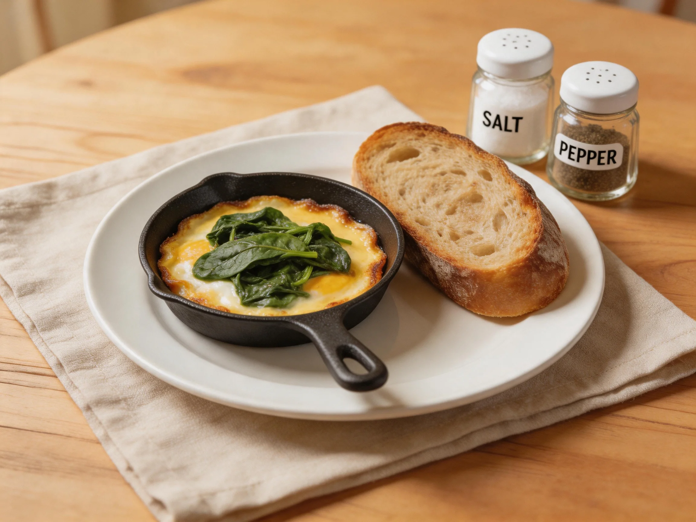 A cast iron skillet of baked eggs with spinach beside crusty bread