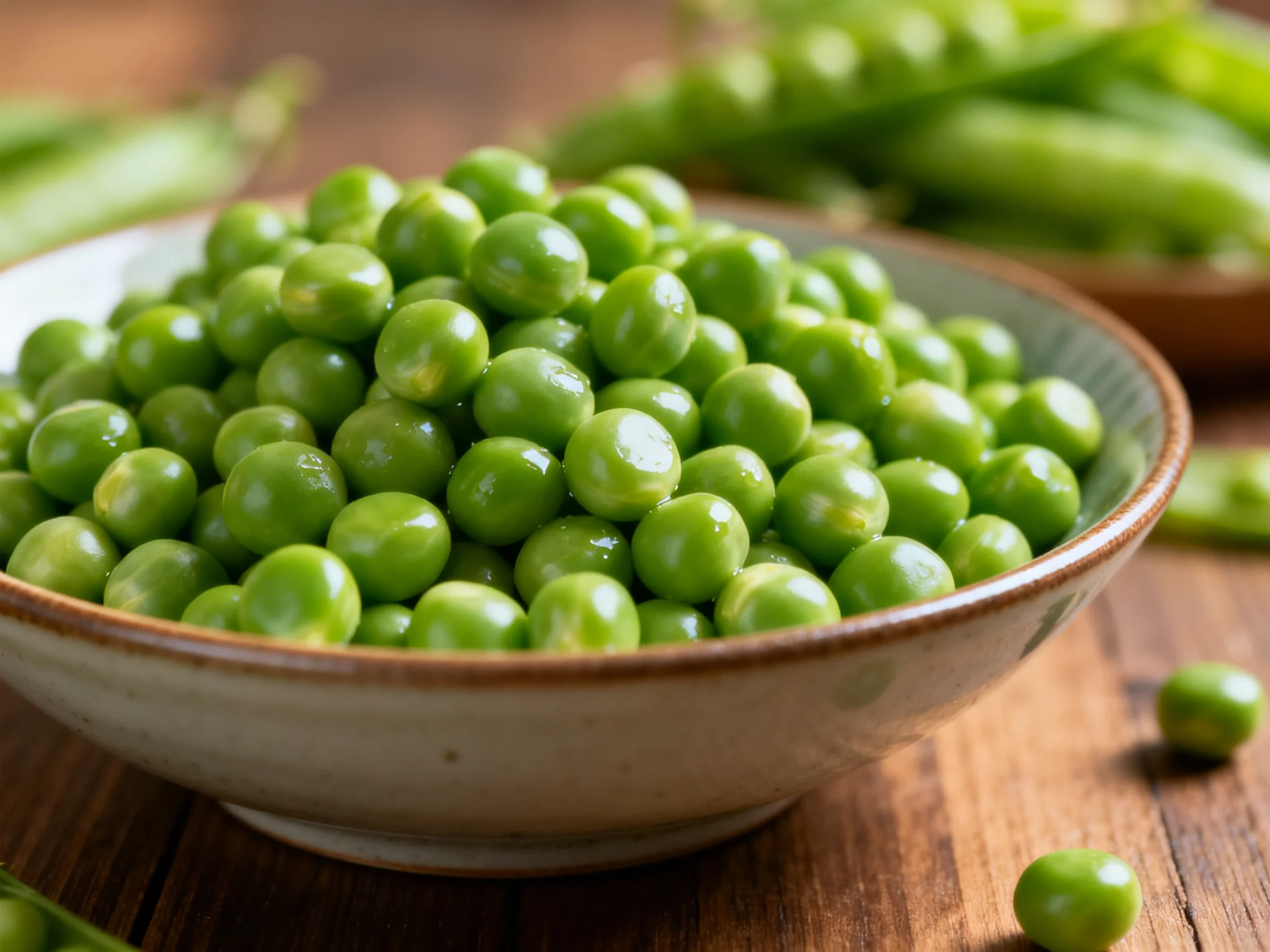 A ceramic bowl overflowed with bright green peas rests on a wooden table