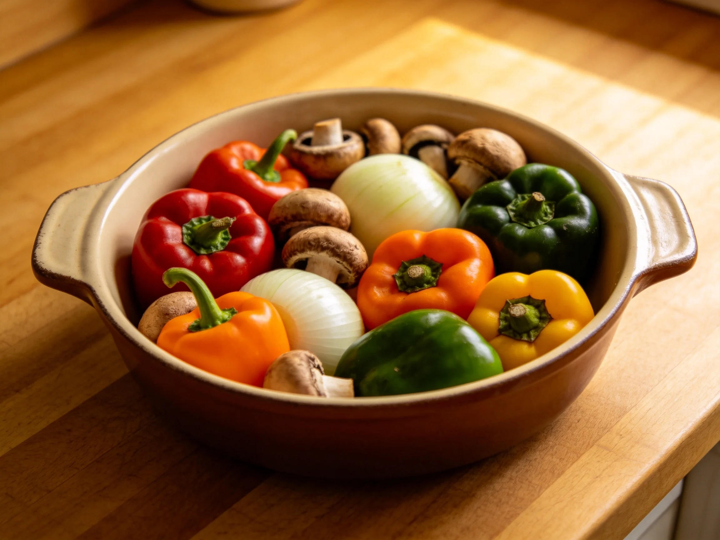 A ceramic dish displays an assortment of colorful bell peppers, onions, and mushrooms