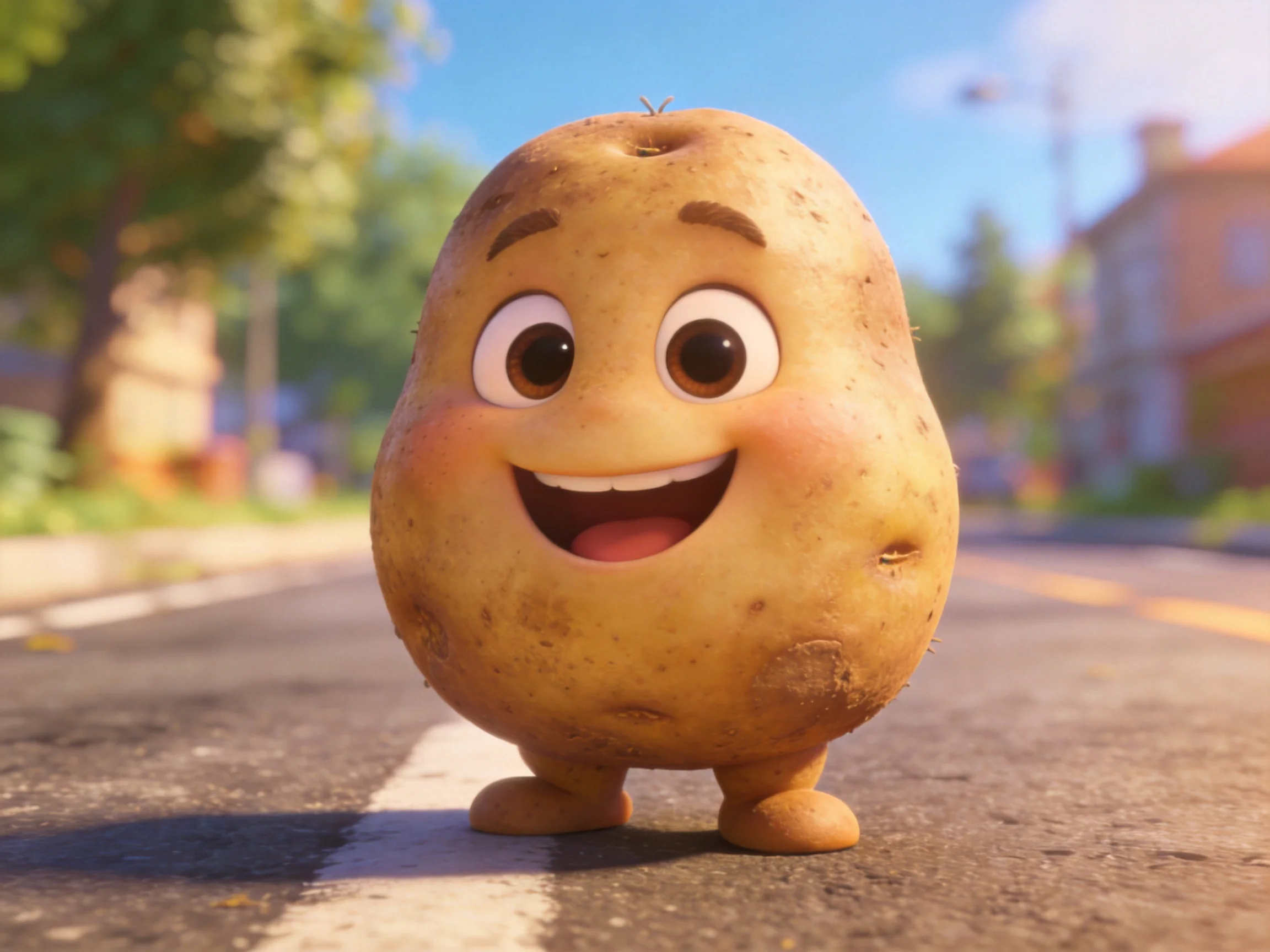 A cheerful animated potato character stands on a sunlit street