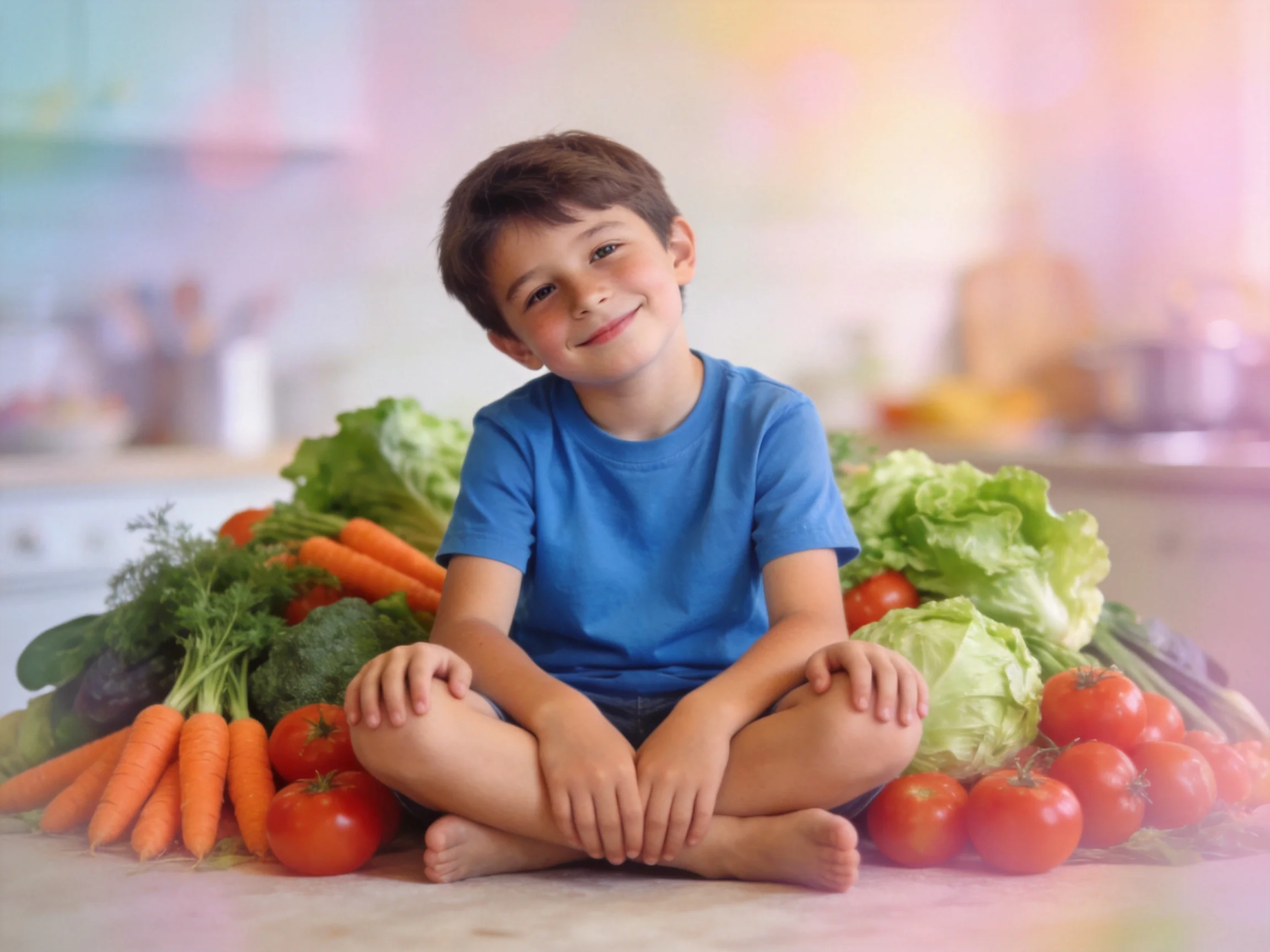 A cheerful boy surrounded by vibrant vegetables in a softly lit kitchen