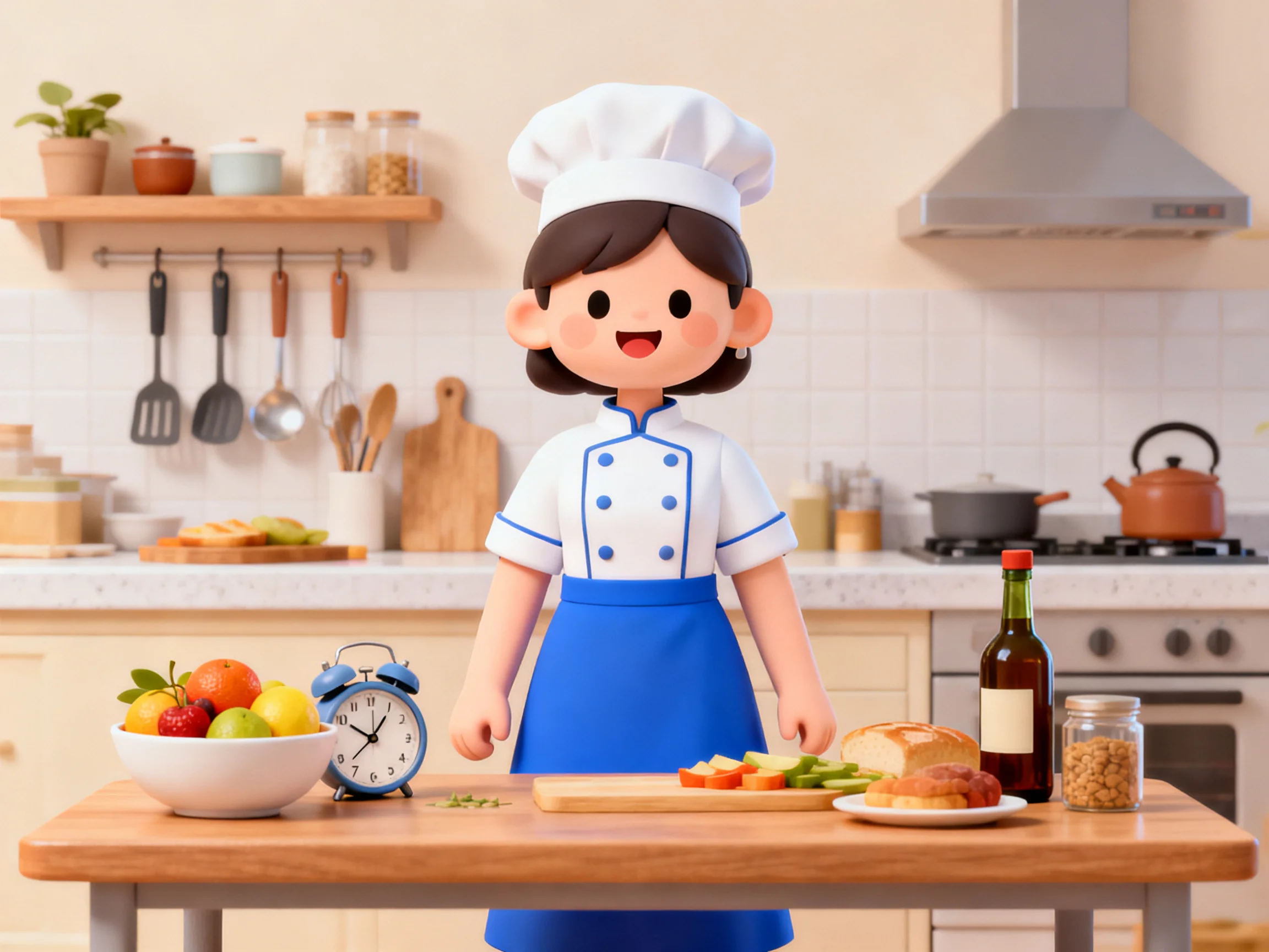 A cheerful cartoon chef preparing food in a bright kitchen