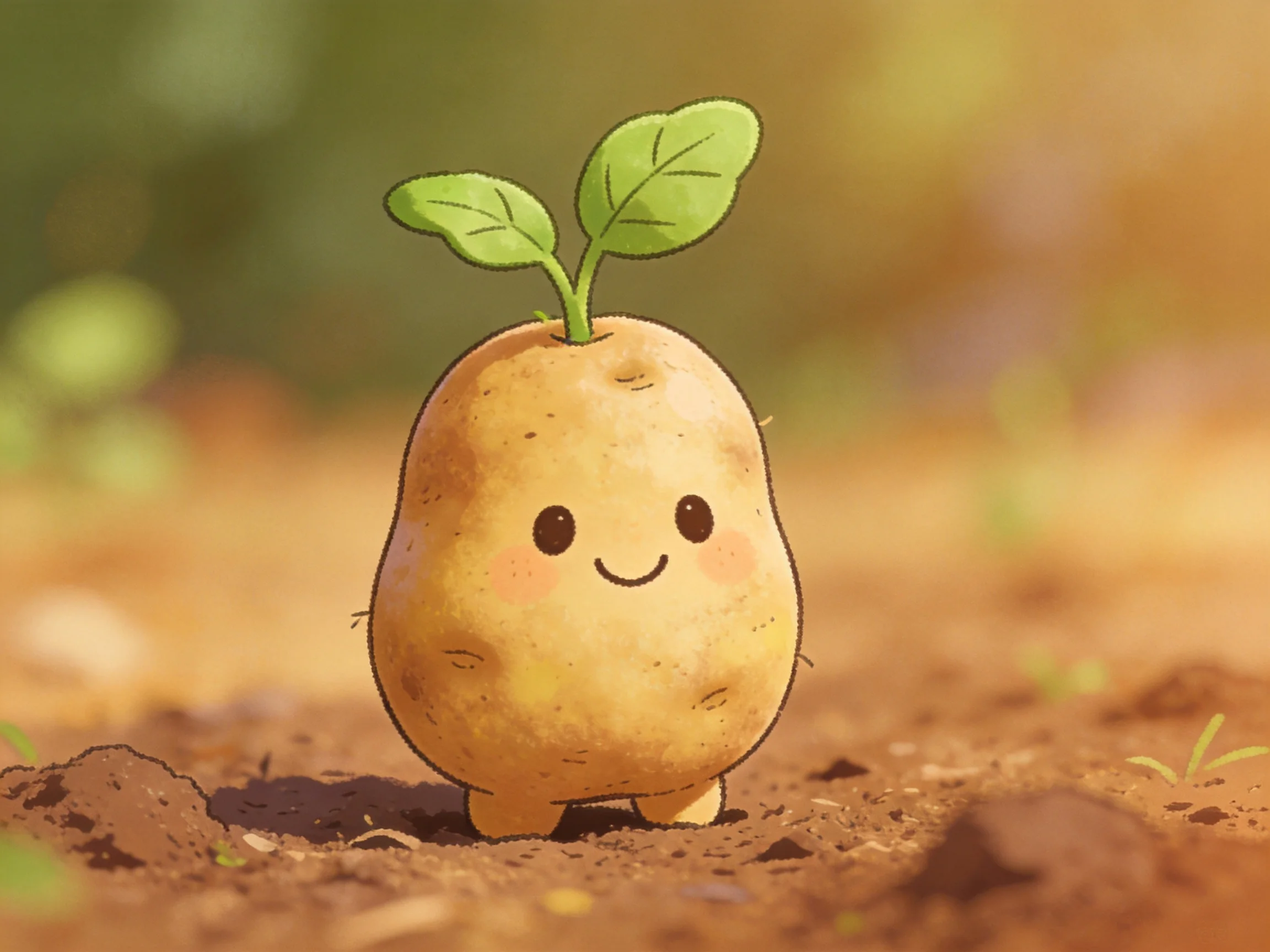 A cheerful cartoon potato character with green sprouts in earth