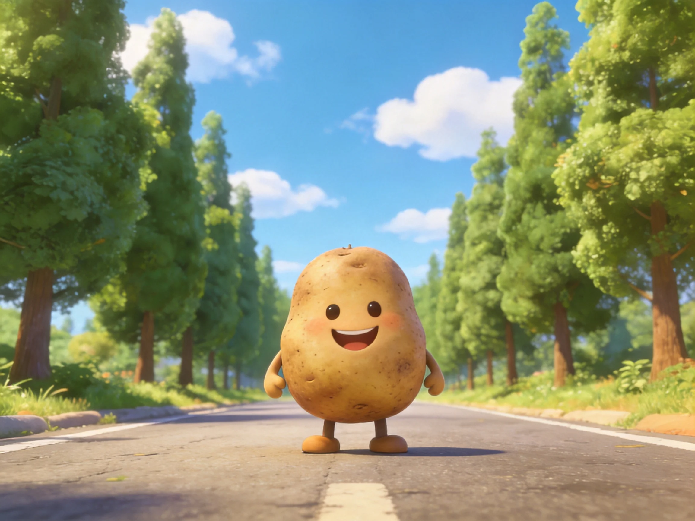 A cheerful cartoon potato stands on a sunny tree-lined road