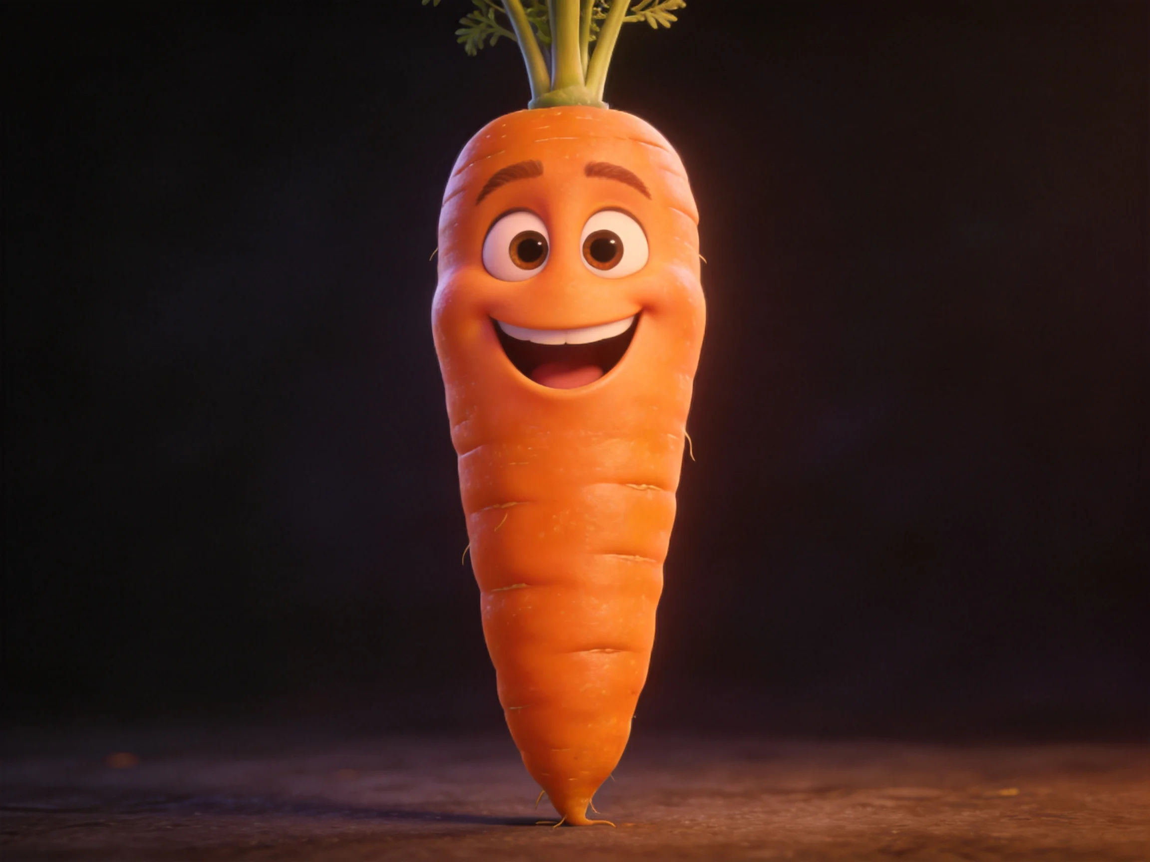 A cheerful orange animated carrot with green foliage on dark background