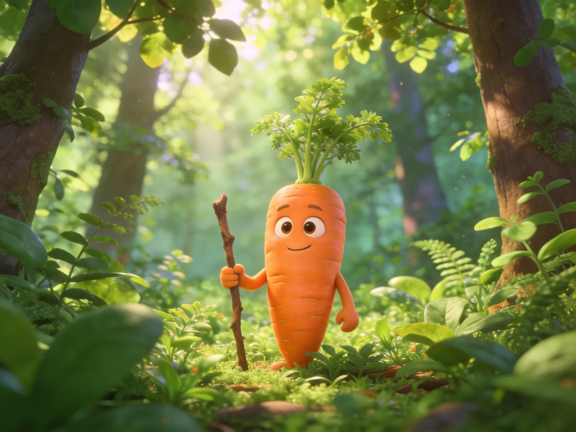 A cheerful orange cartoon carrot holds a stick in a sunlit forest glade