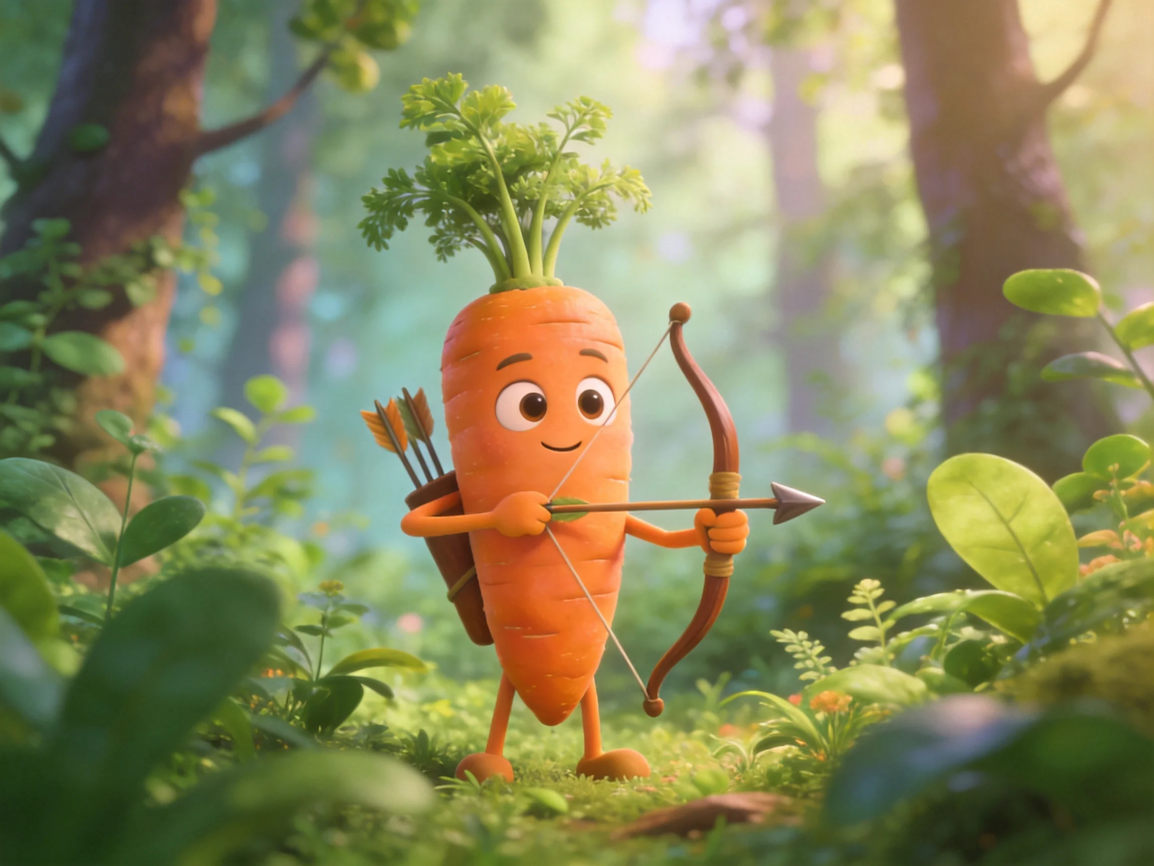 A cheerful orange cartoon carrot with bow and arrows in a lush forest