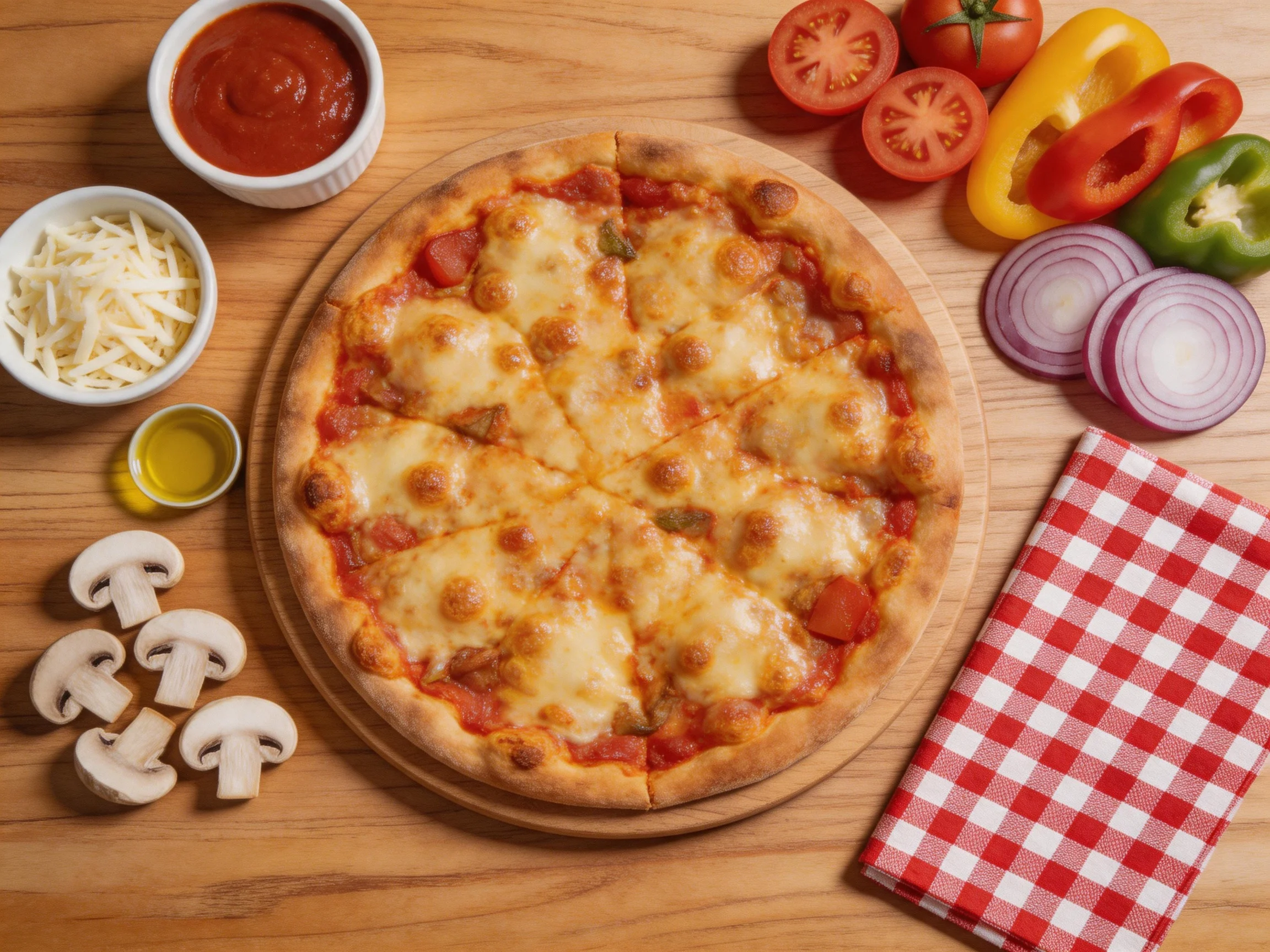 A cheese pizza surrounded by fresh vegetables and condiments on a wooden surface