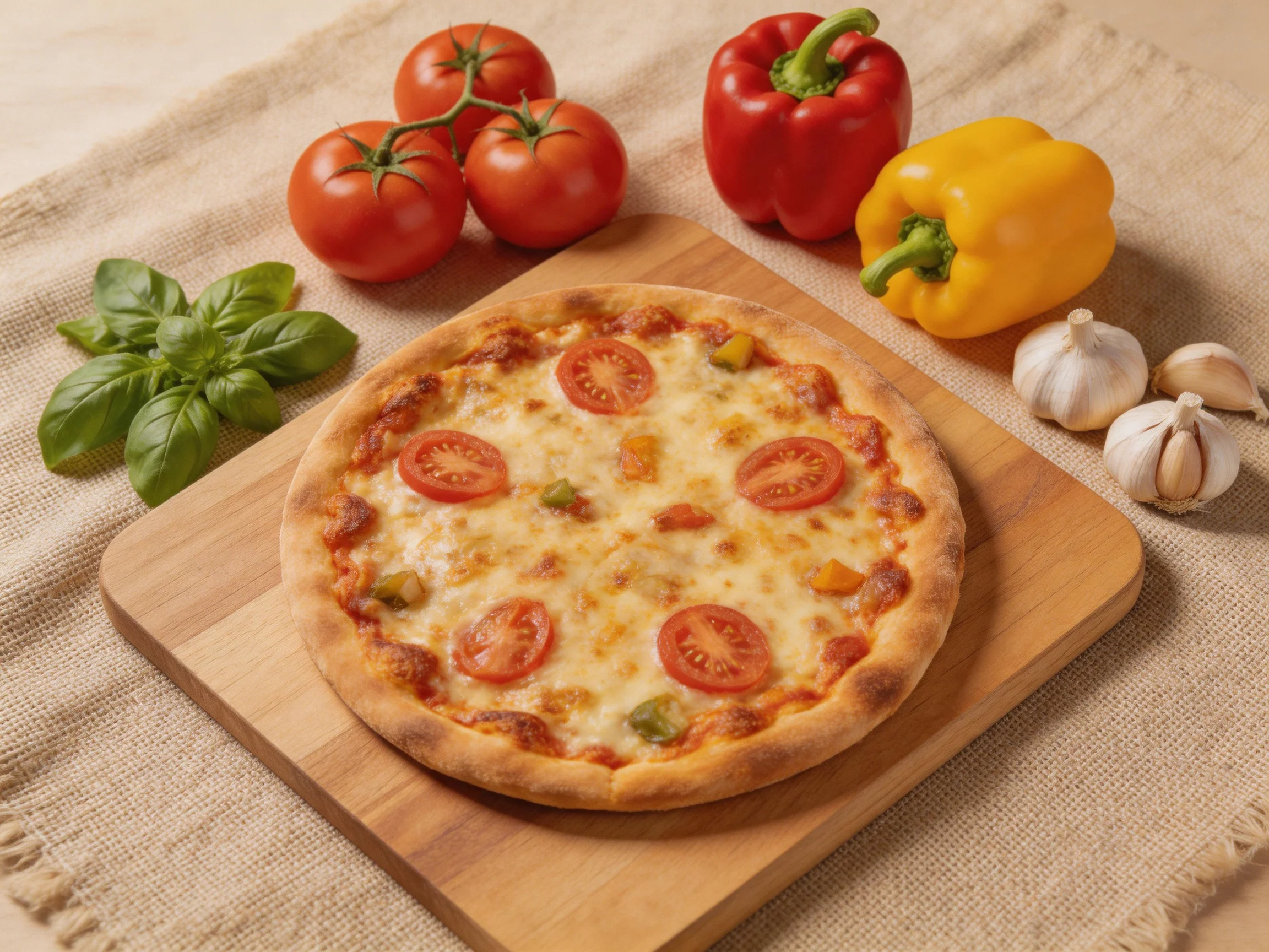 A cheese - topped pizza sits on a wooden board with fresh vegetables nearby.