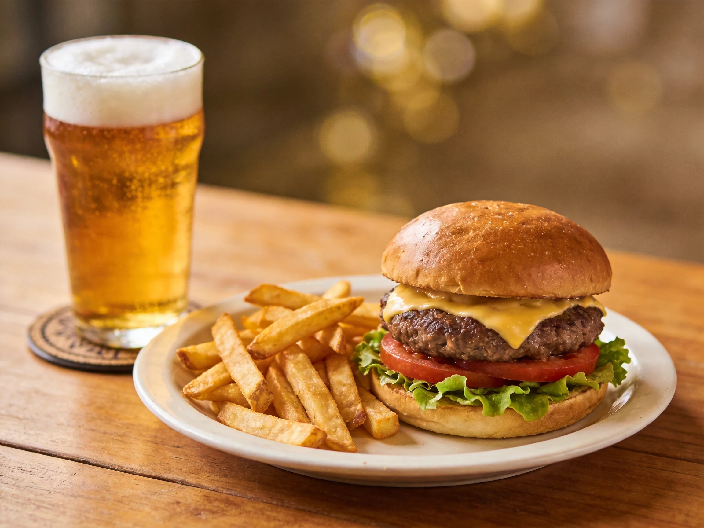 A cheeseburger, French fries, and a glass of beer on a wooden table