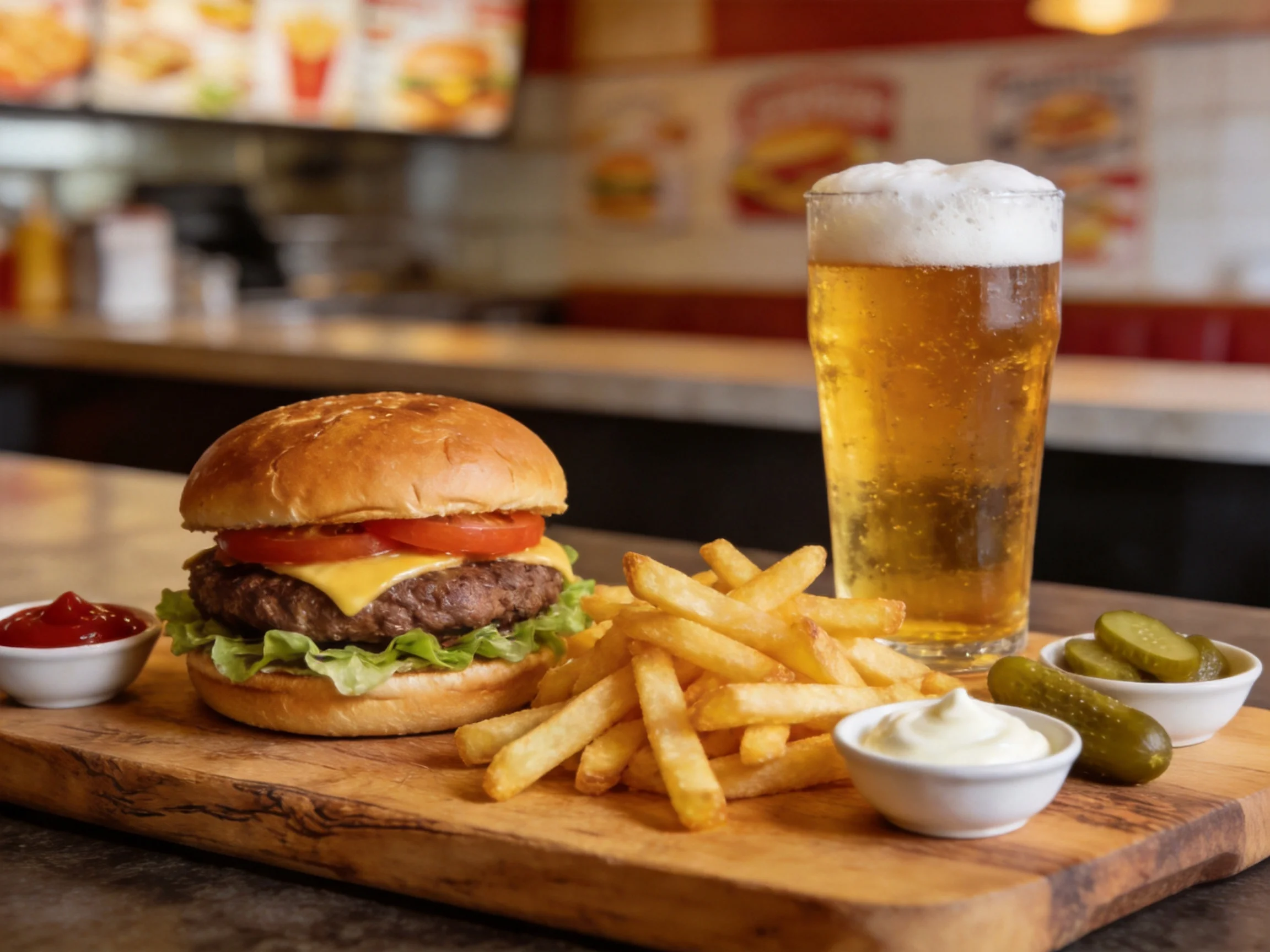 A cheeseburger, crispy fries, frothy beer, and condiments on a wooden platter