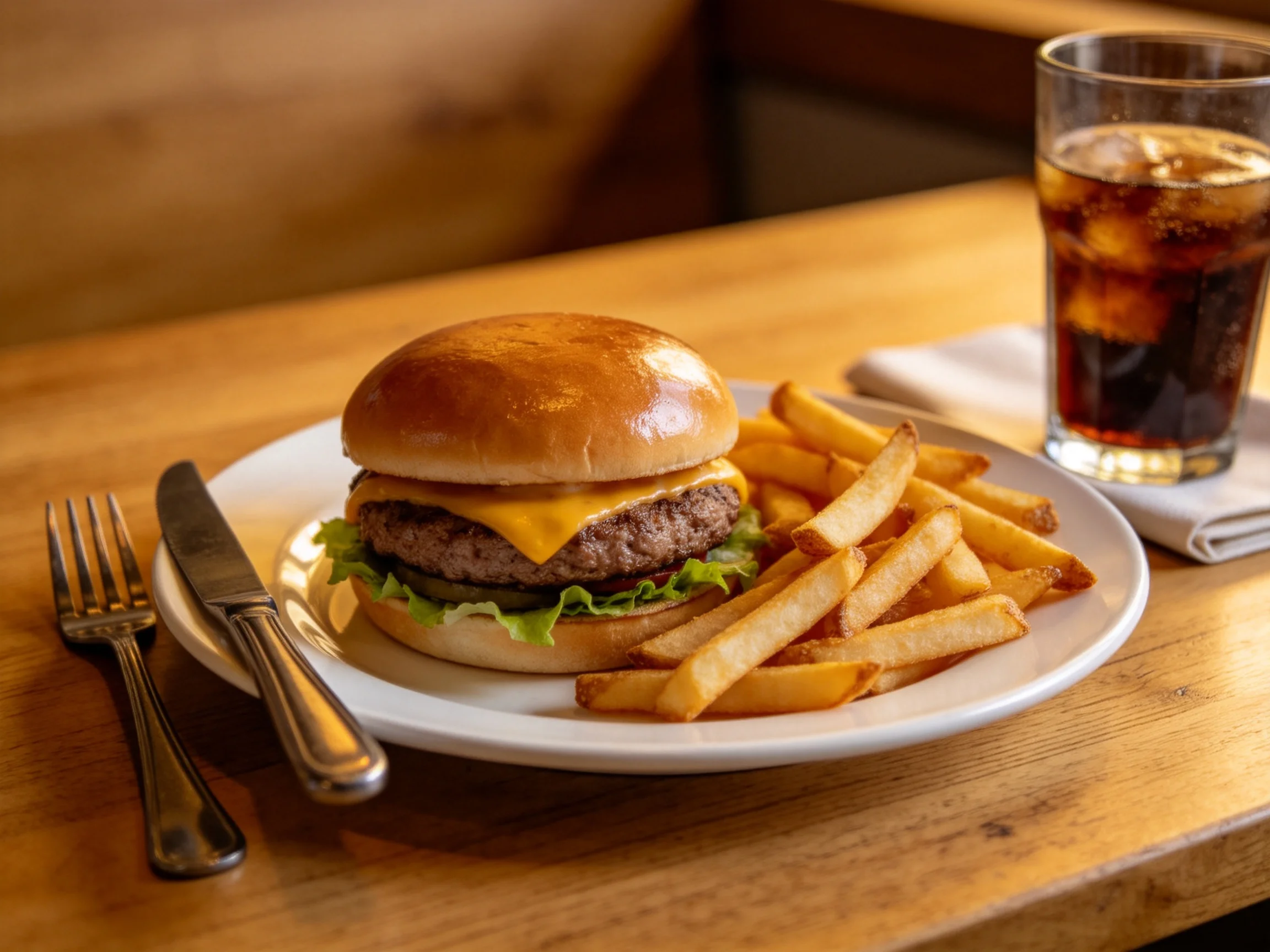 A cheeseburger with golden fries, silverware, and a dark soda on a wooden table
