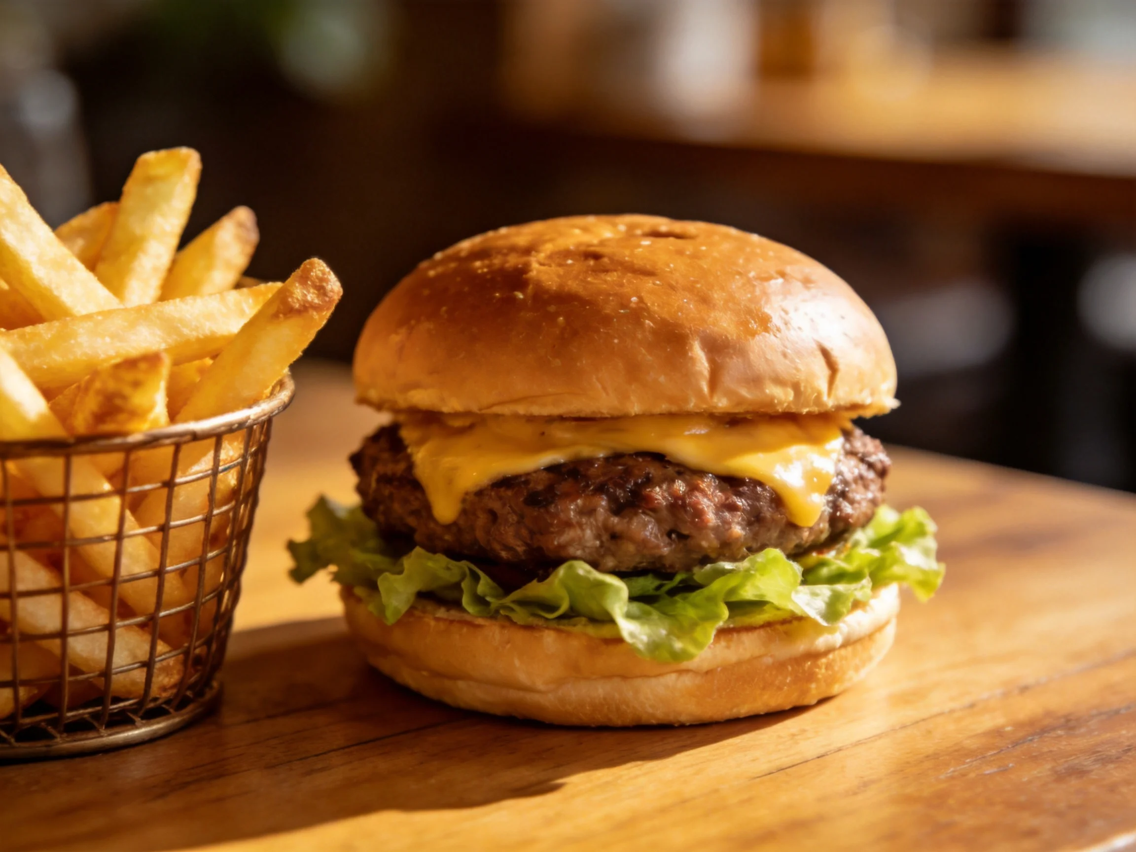 A cheeseburger with lettuce and a basket of fries on a wooden table