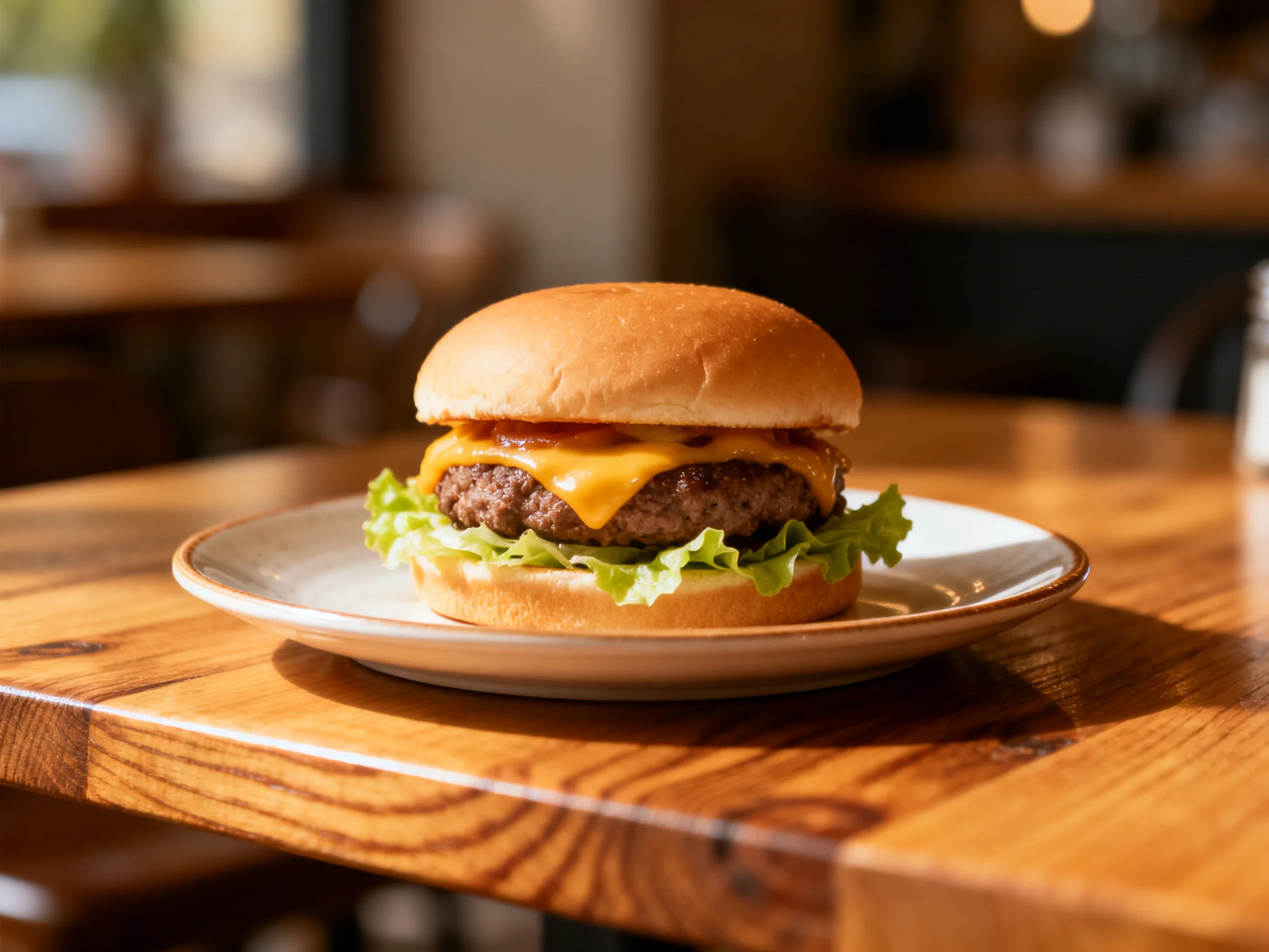 A cheeseburger with melted cheddar and fresh lettuce on a ceramic plate