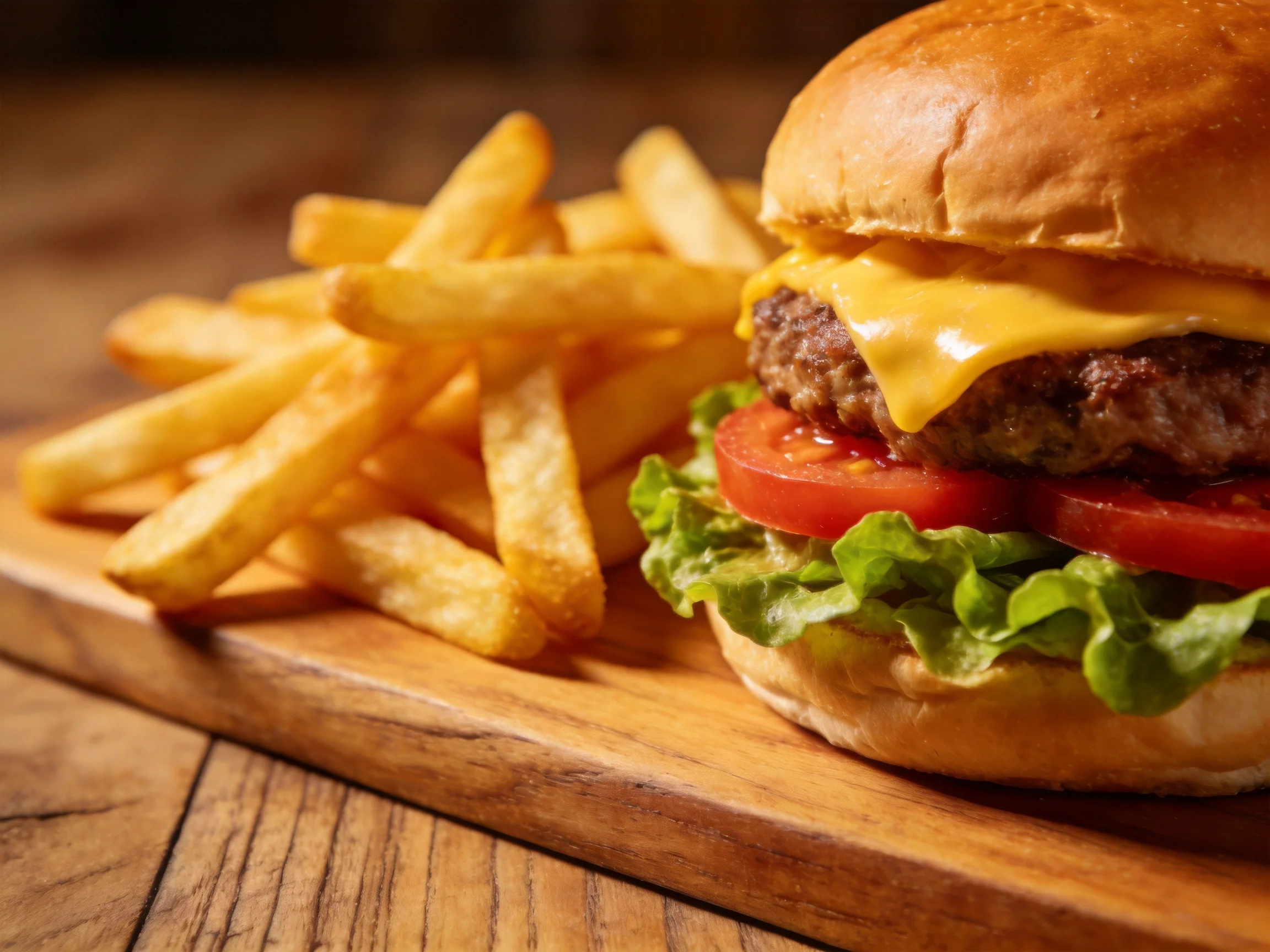 A cheeseburger with melted cheddar, lettuce, tomato, and golden French fries on a wooden board