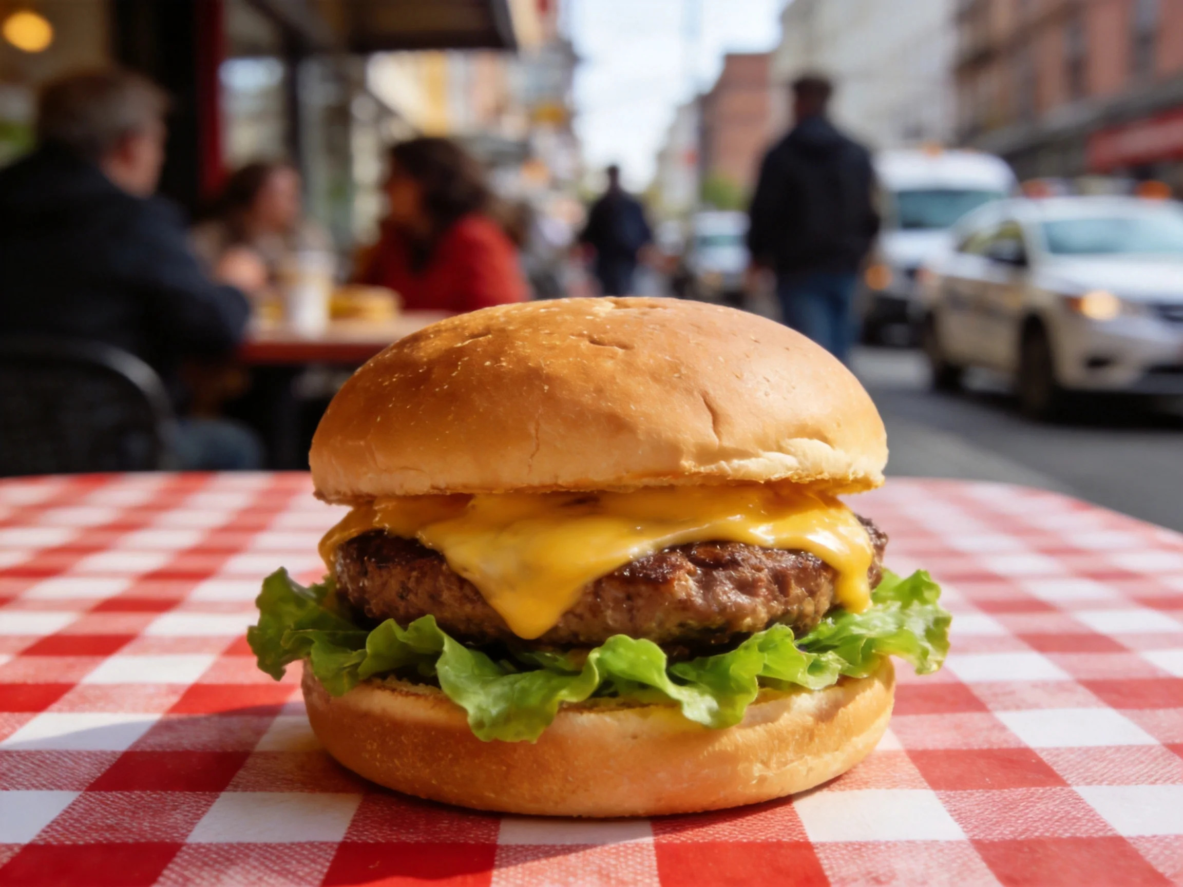 A cheeseburger with melted cheddar sits on a red-and-white checkered table outdoors