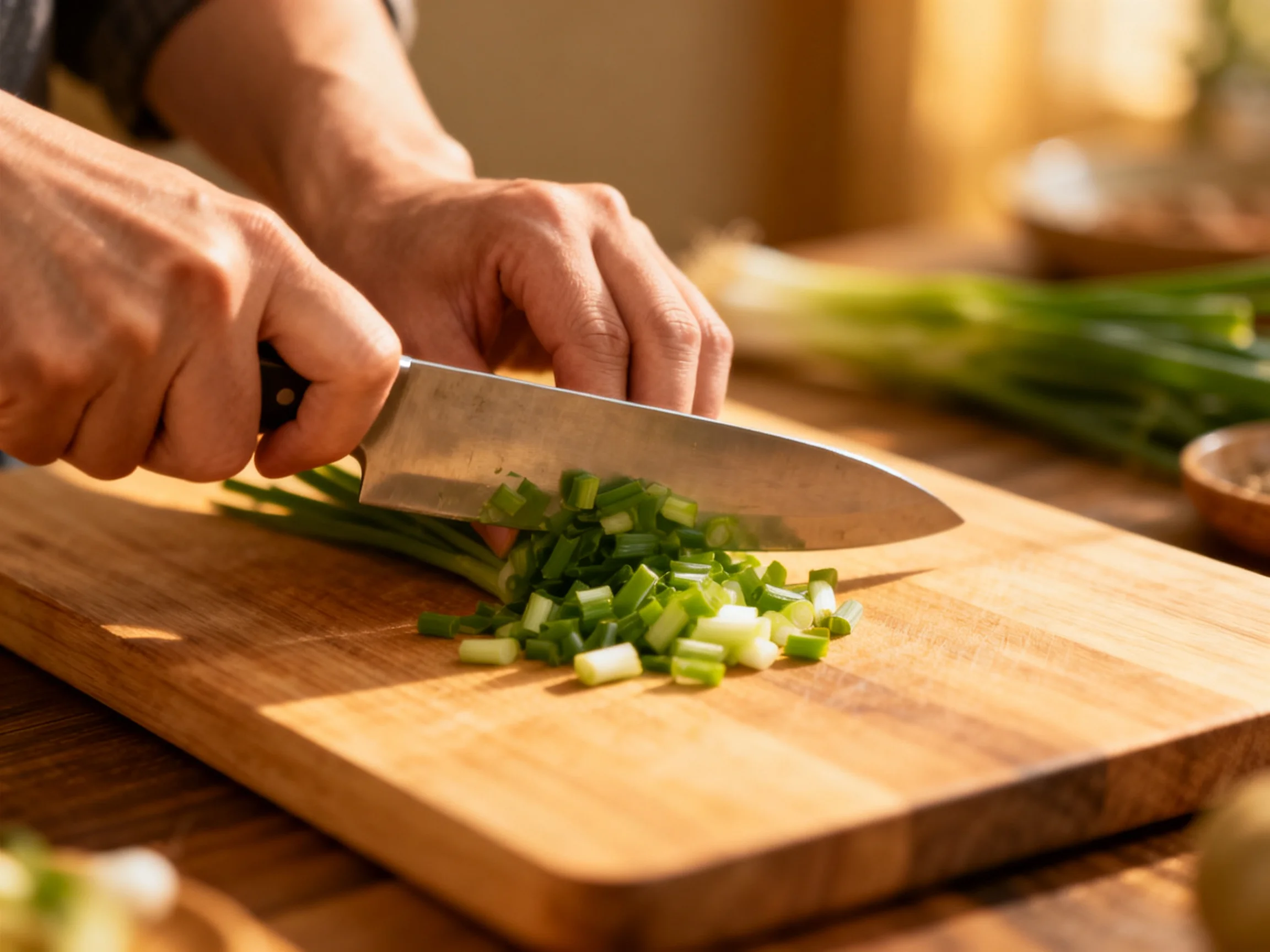 A chef chopping fresh green scallions on a wooden cutting board