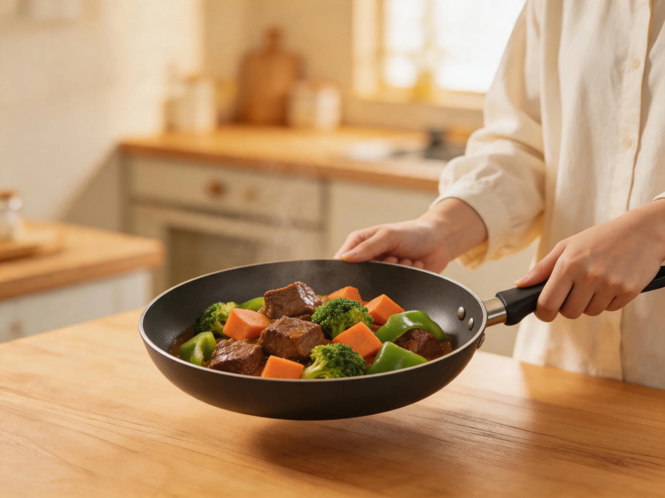 A chef cooking beef, broccoli, and sweet potato in a black frying pan