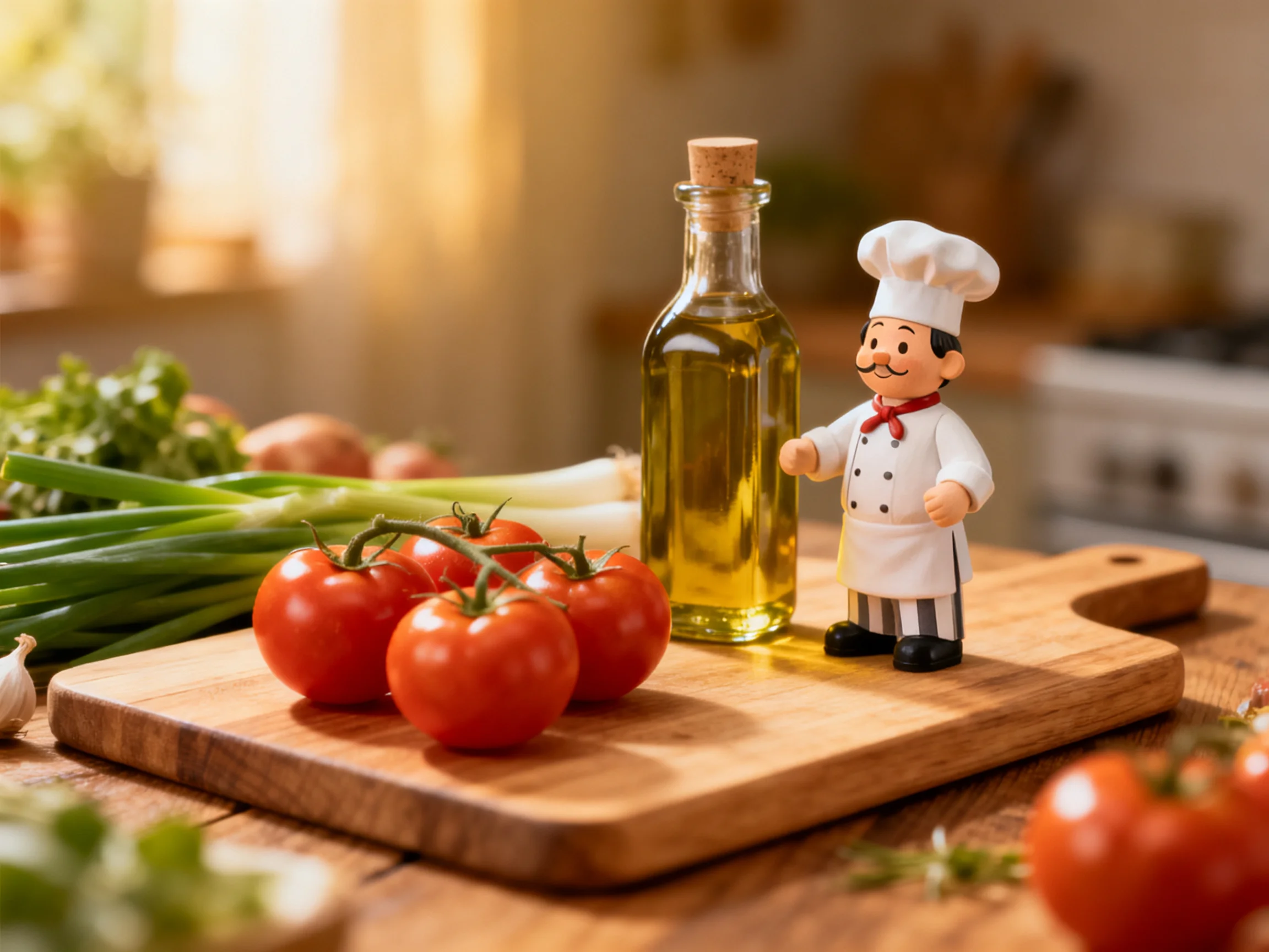 A chef figurine among fresh vegetables and olive oil on a wooden cutting board