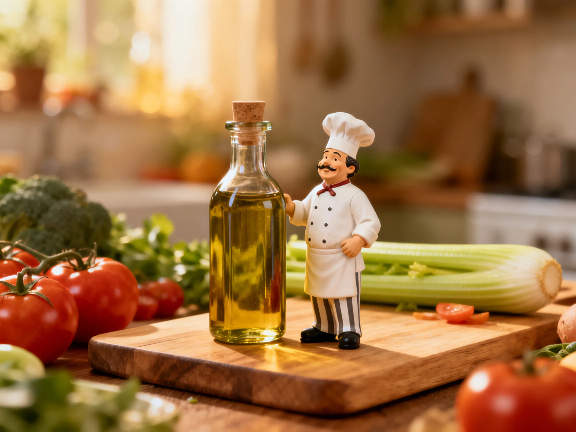 A chef figurine beside olive oil bottle among fresh vegetables in sunlit kitchen