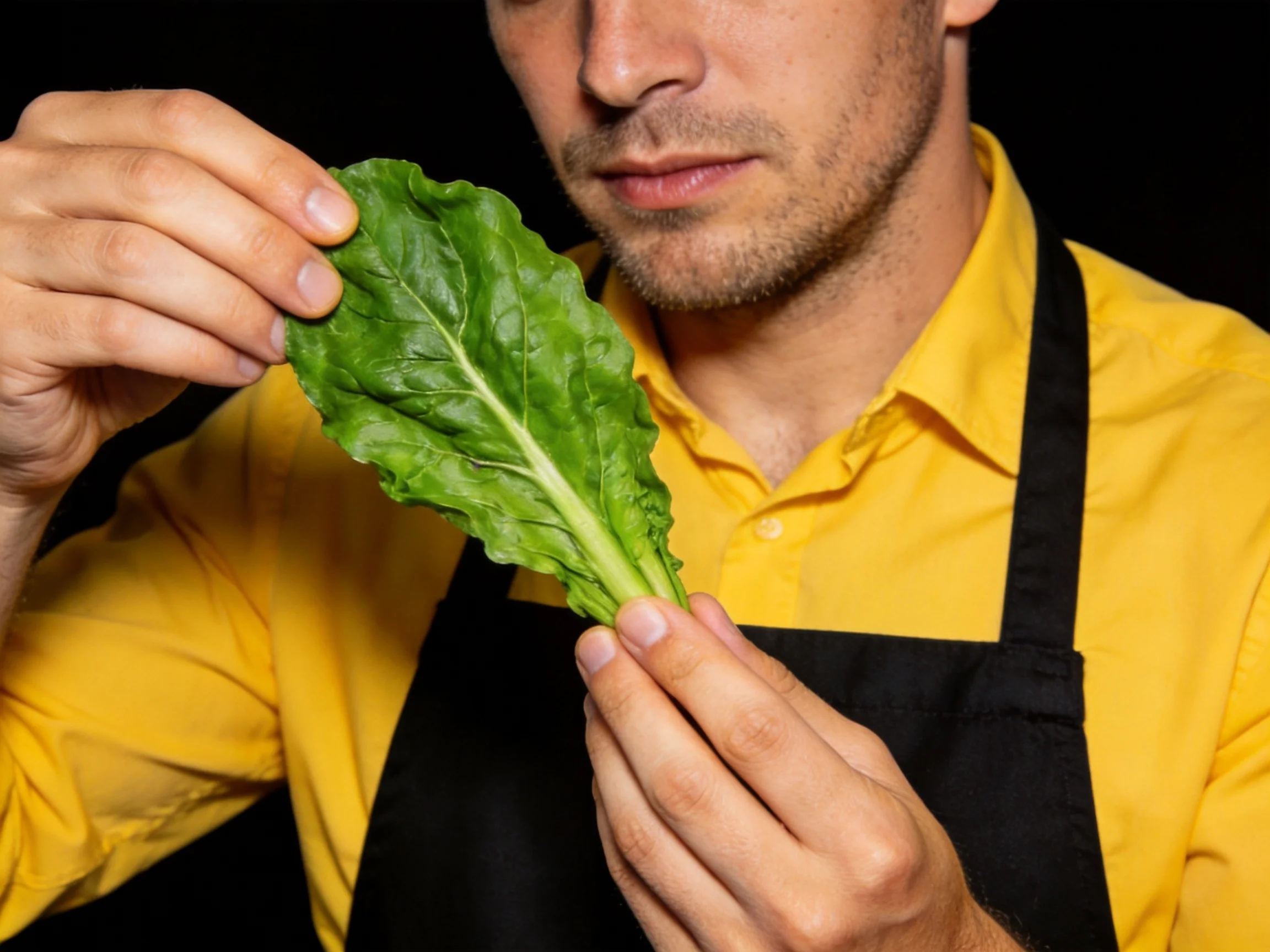 A chef in a yellow shirt examines a large green leafy vegetable