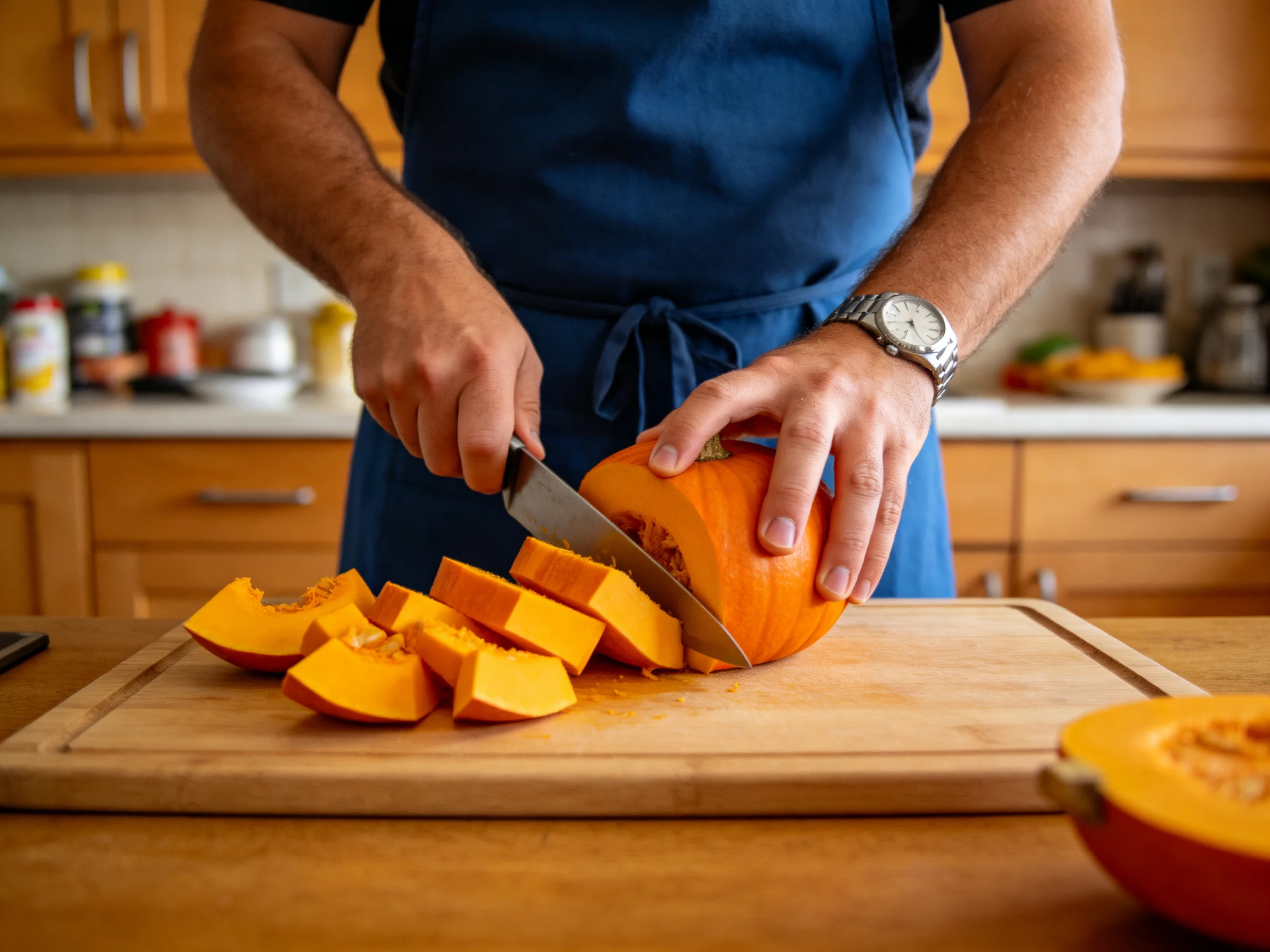 A chef slicing a bright orange pumpkin into pieces on a wooden cutting board