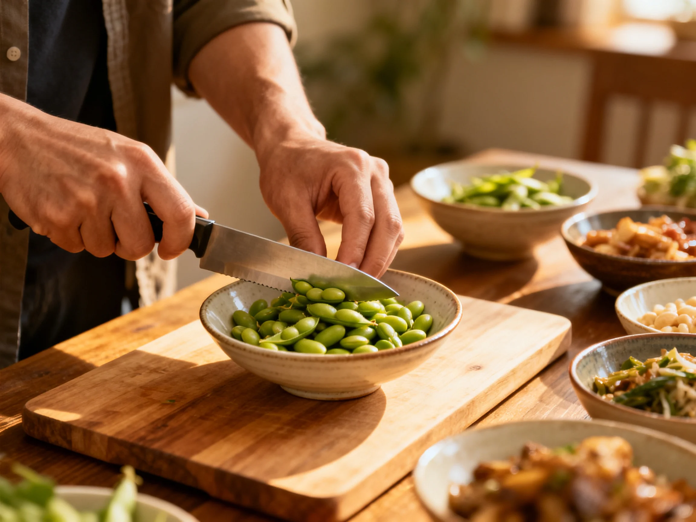 A chef slicing fresh green edamame among assorted prepared dishes