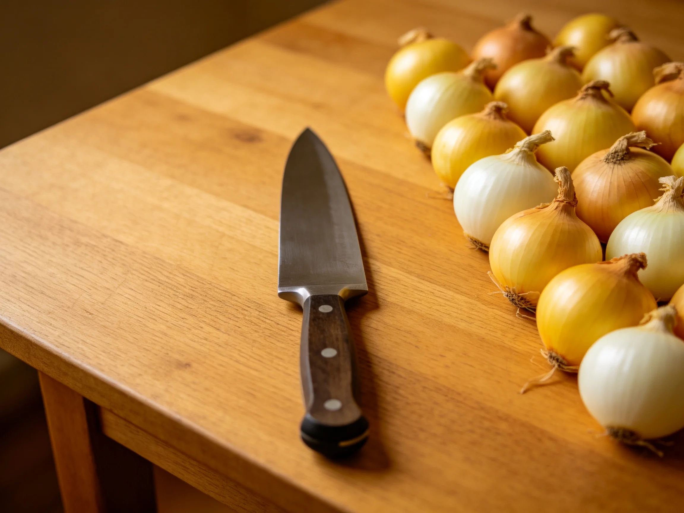 A chefs knife sits beside yellow and white onions on a wooden table