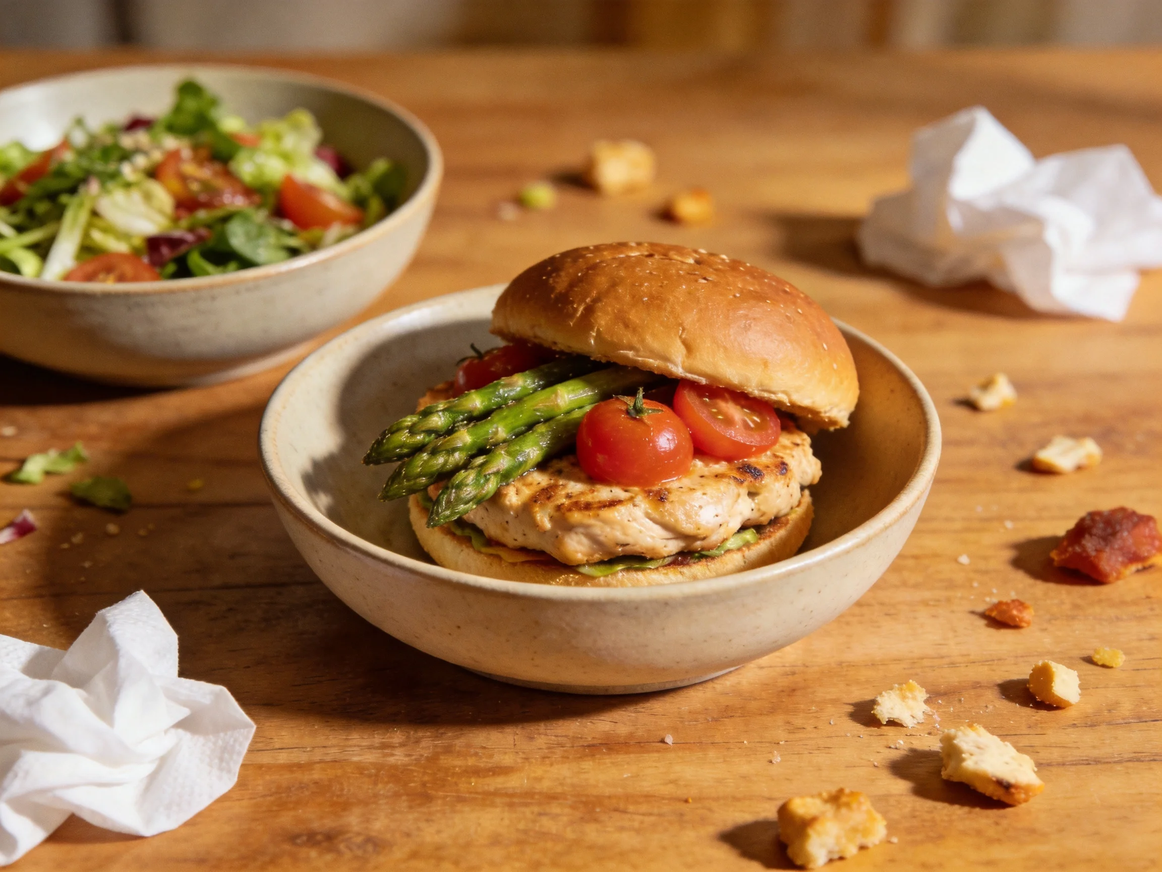 A chicken burger with asparagus and tomatoes beside a mixed greens salad on a wooden table