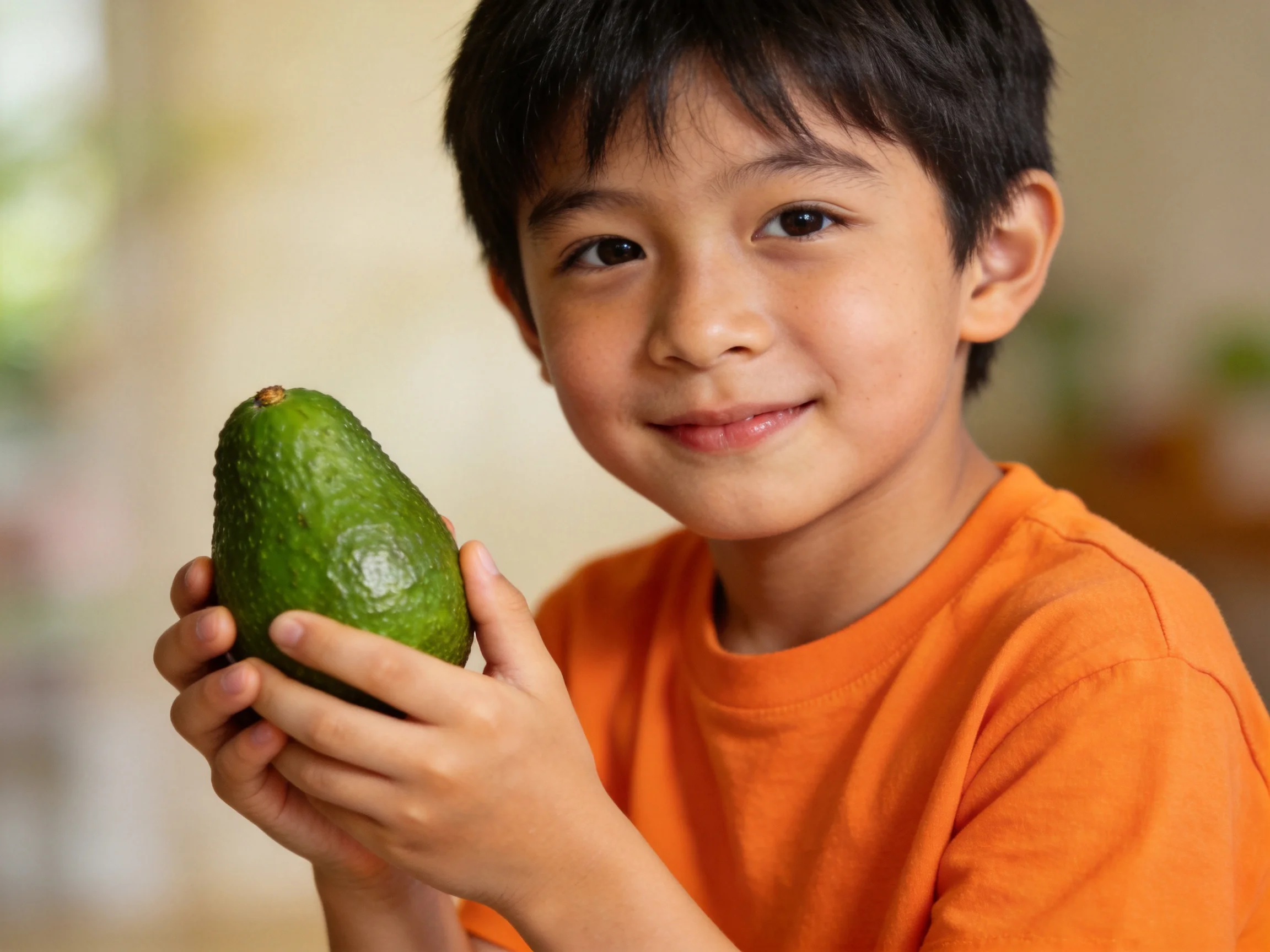 A child in an orange shirt holds a large green avocado