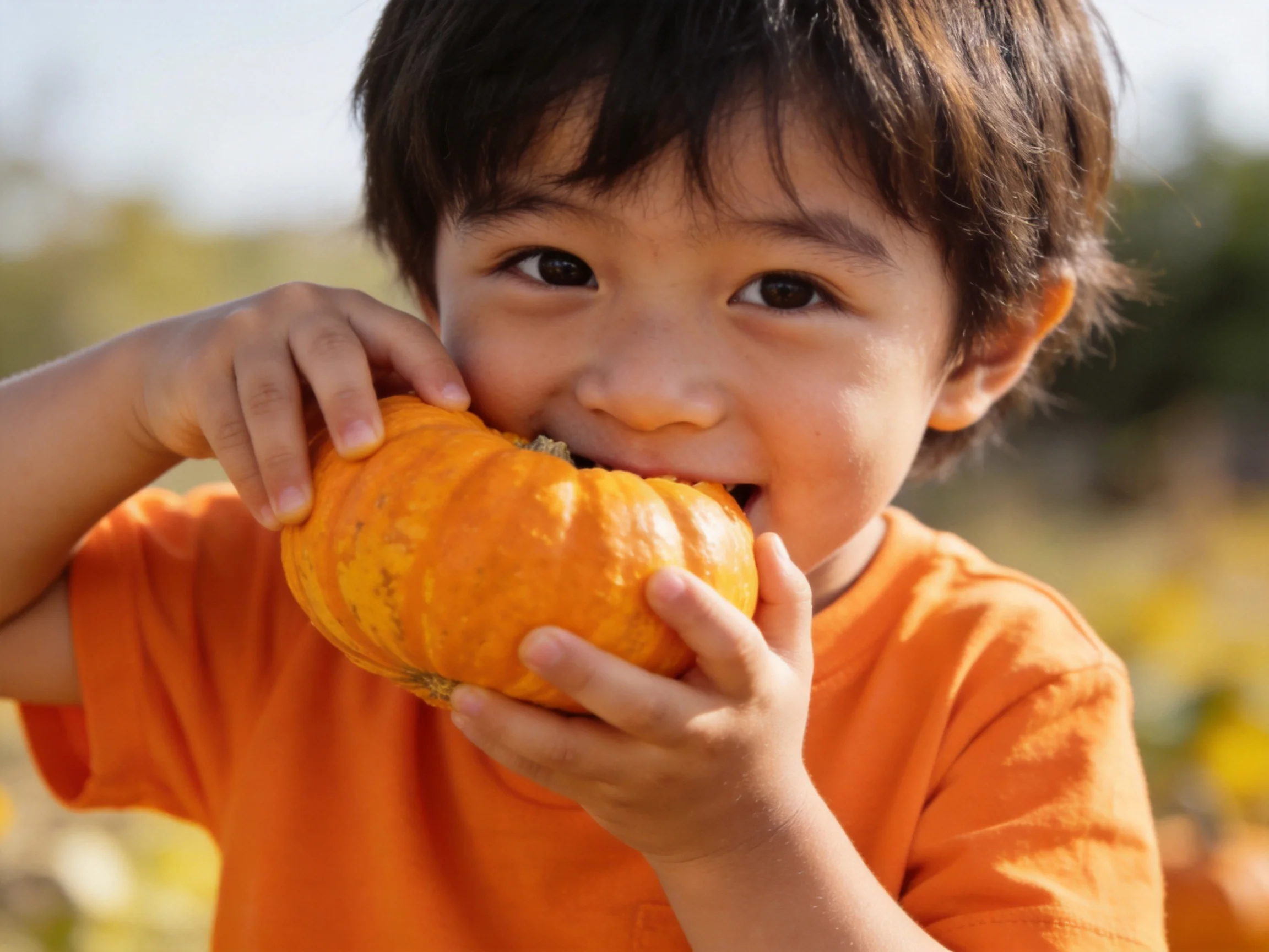 A child in an orange shirt holds a small orange pumpkin outdoors