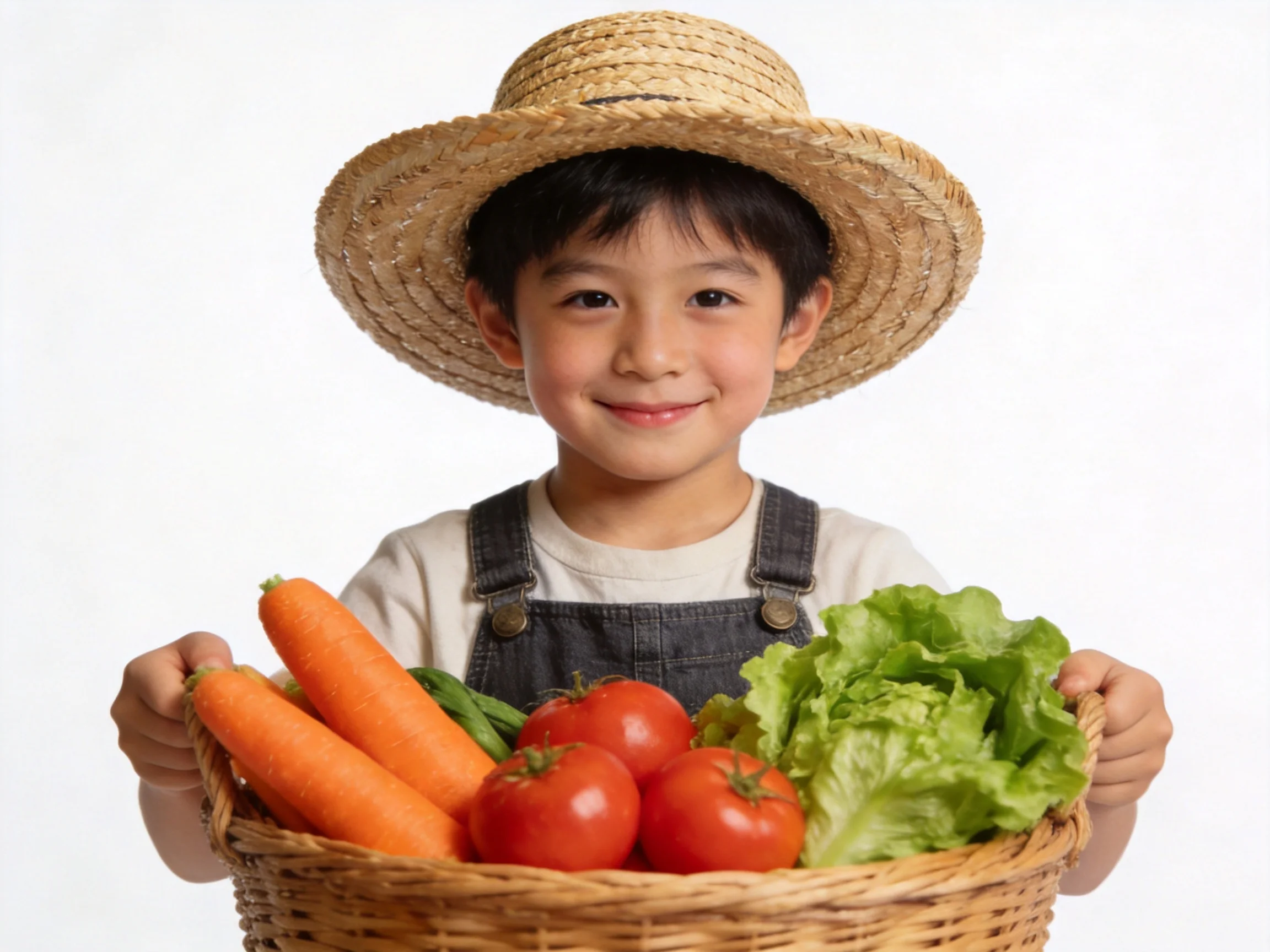A child in denim overalls holds a basket of fresh vegetables under a straw hat