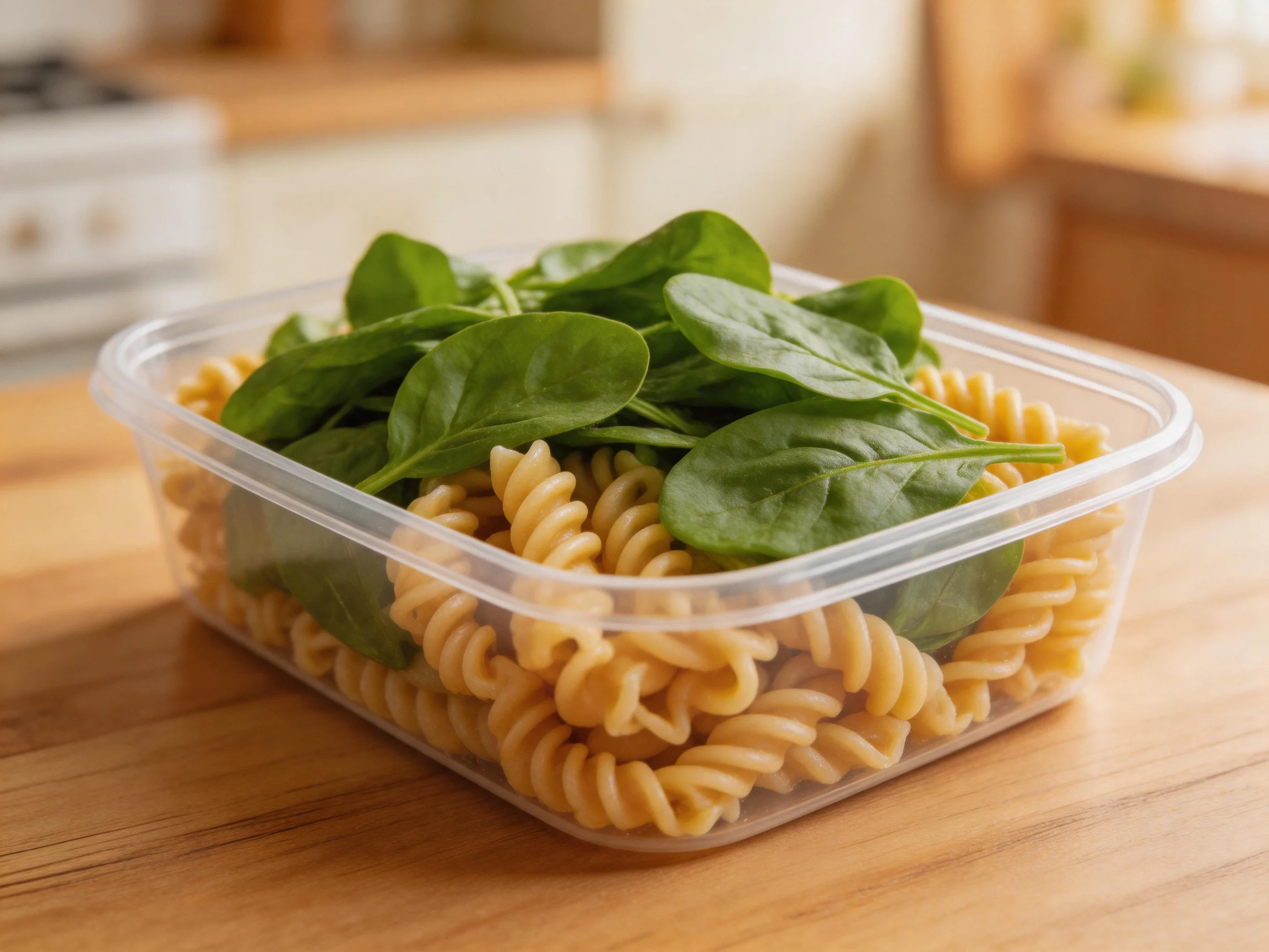 A clear container holds spiral pasta and fresh green spinach leaves