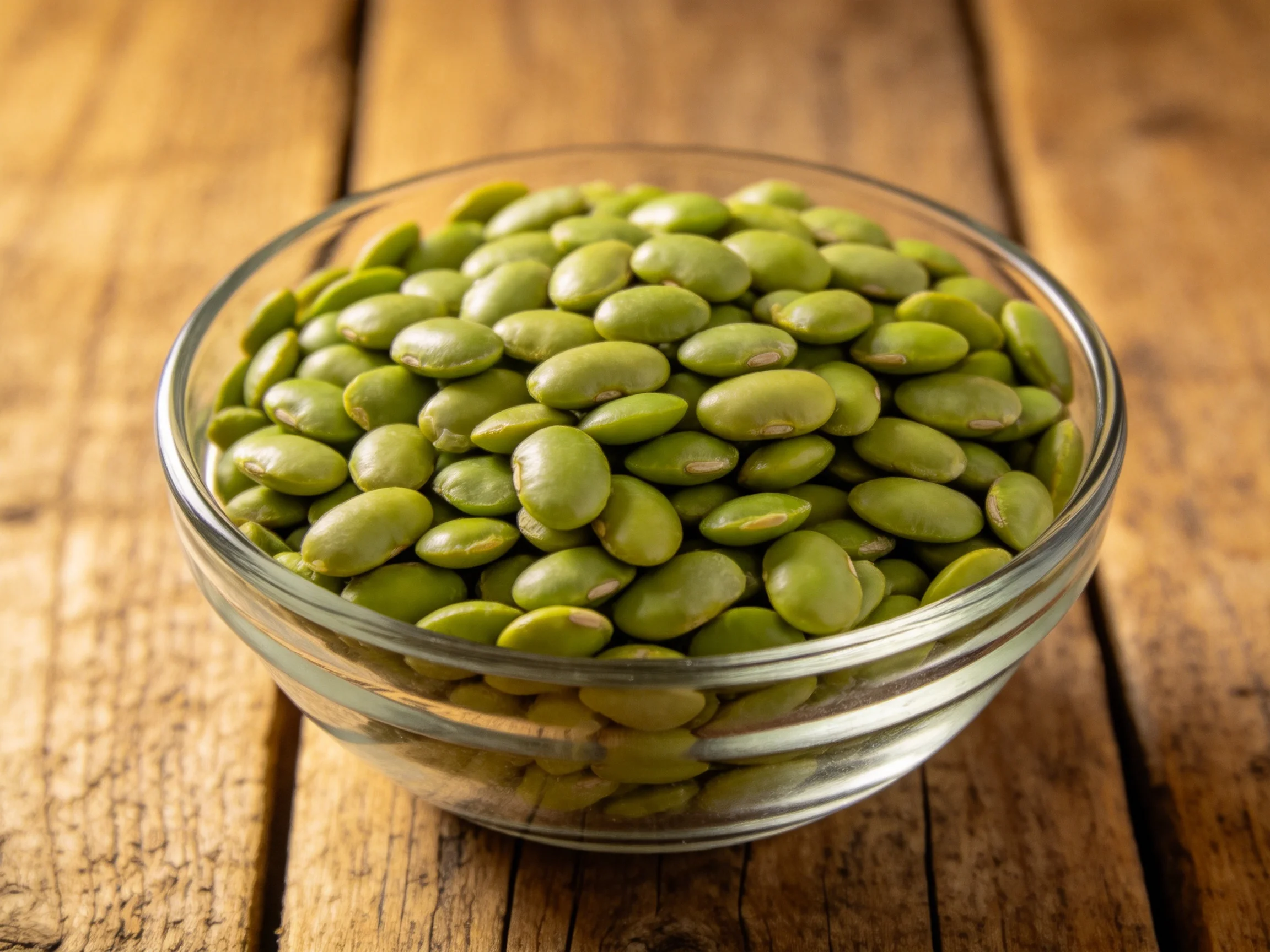 A clear glass bowl filled with fresh green edamame on rustic wooden planks