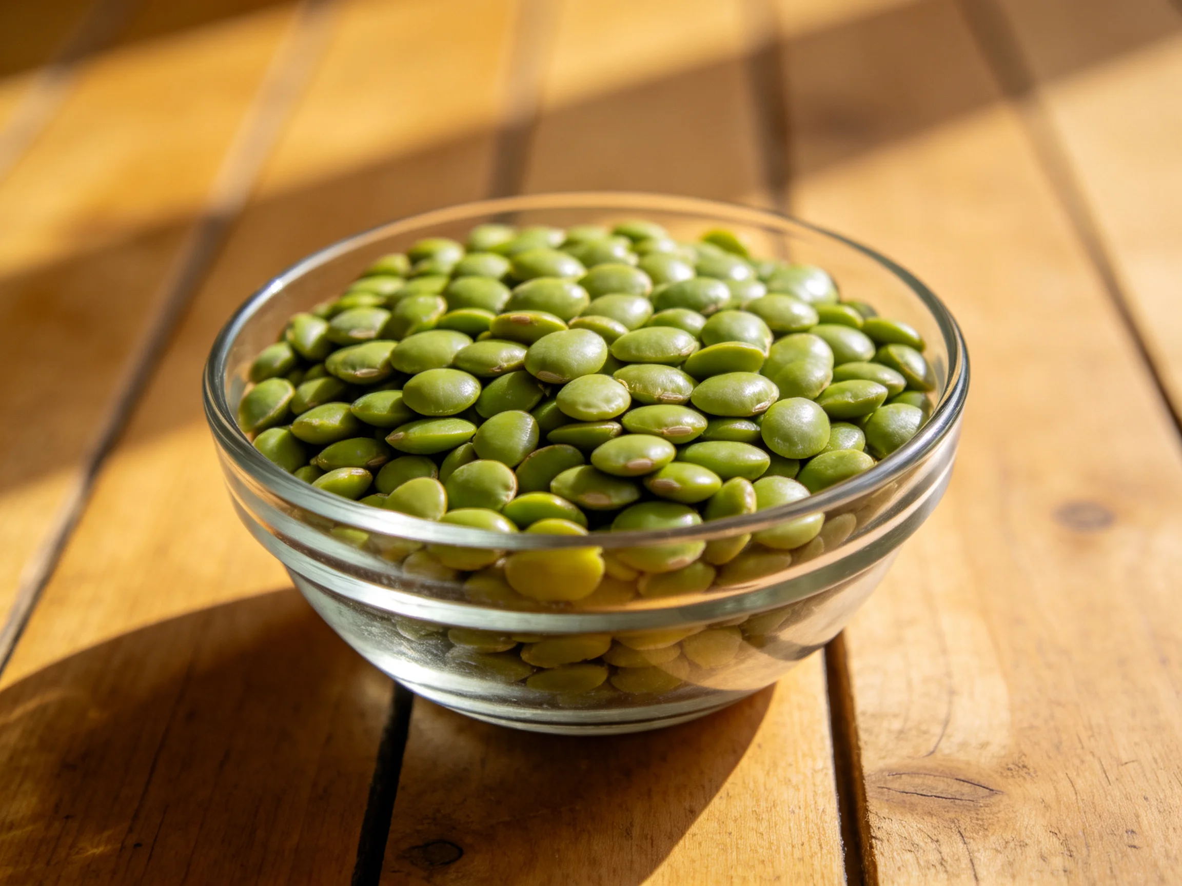 A clear glass bowl filled with vibrant green lentils on a wooden table