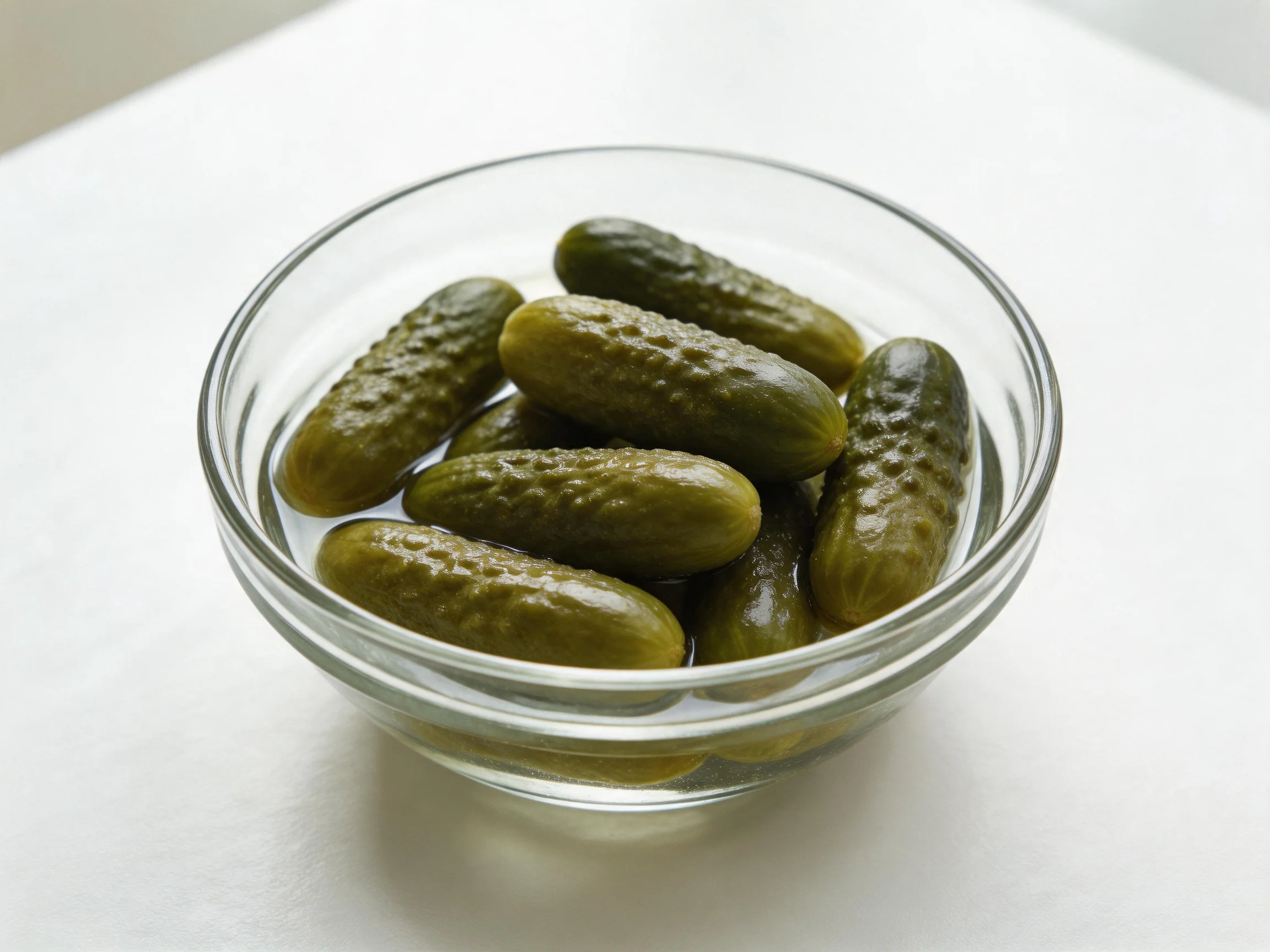 A clear glass bowl holding several small green pickled cucumbers