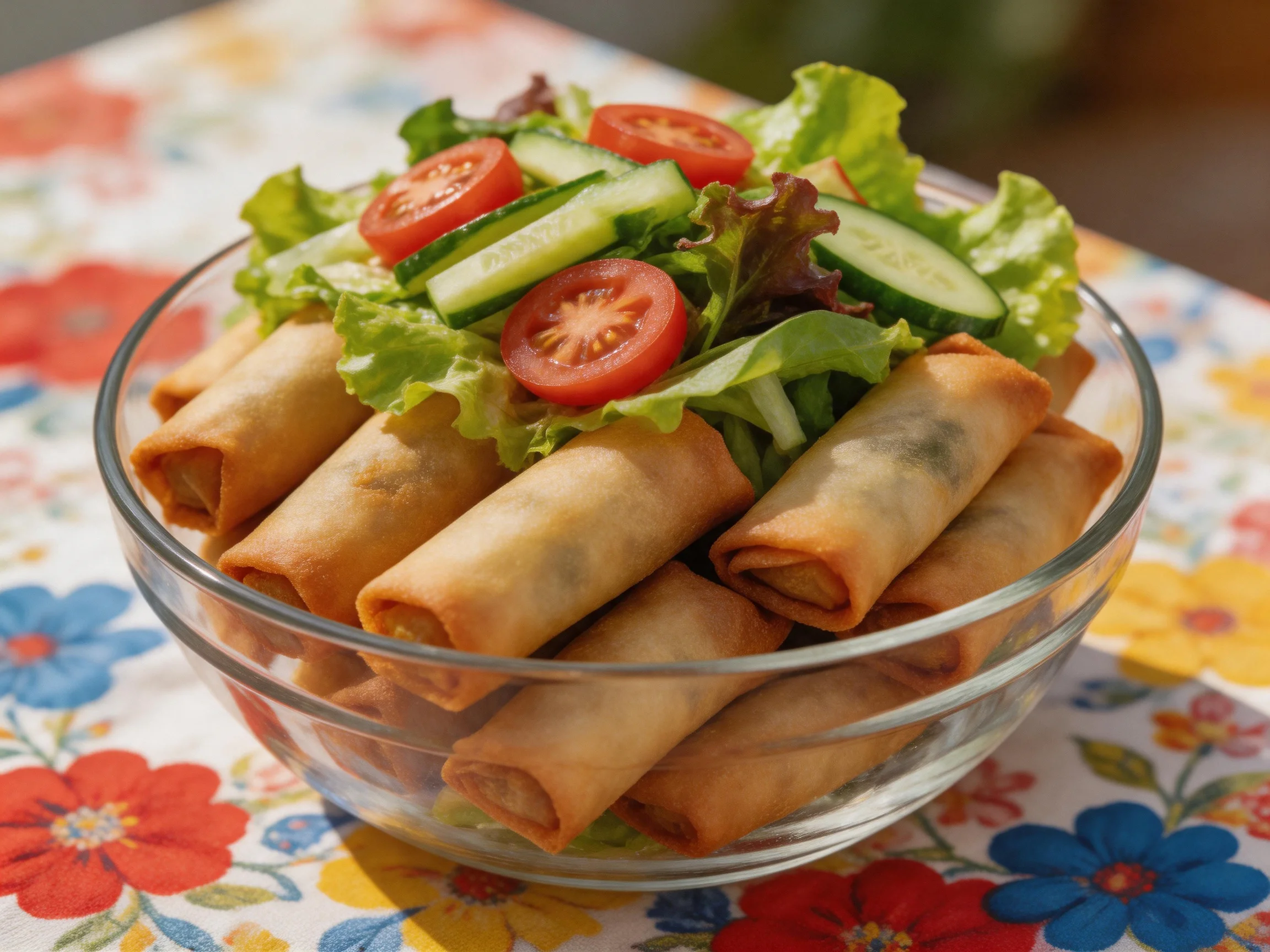 A clear glass bowl holds golden fried rolls with fresh green salad toppings