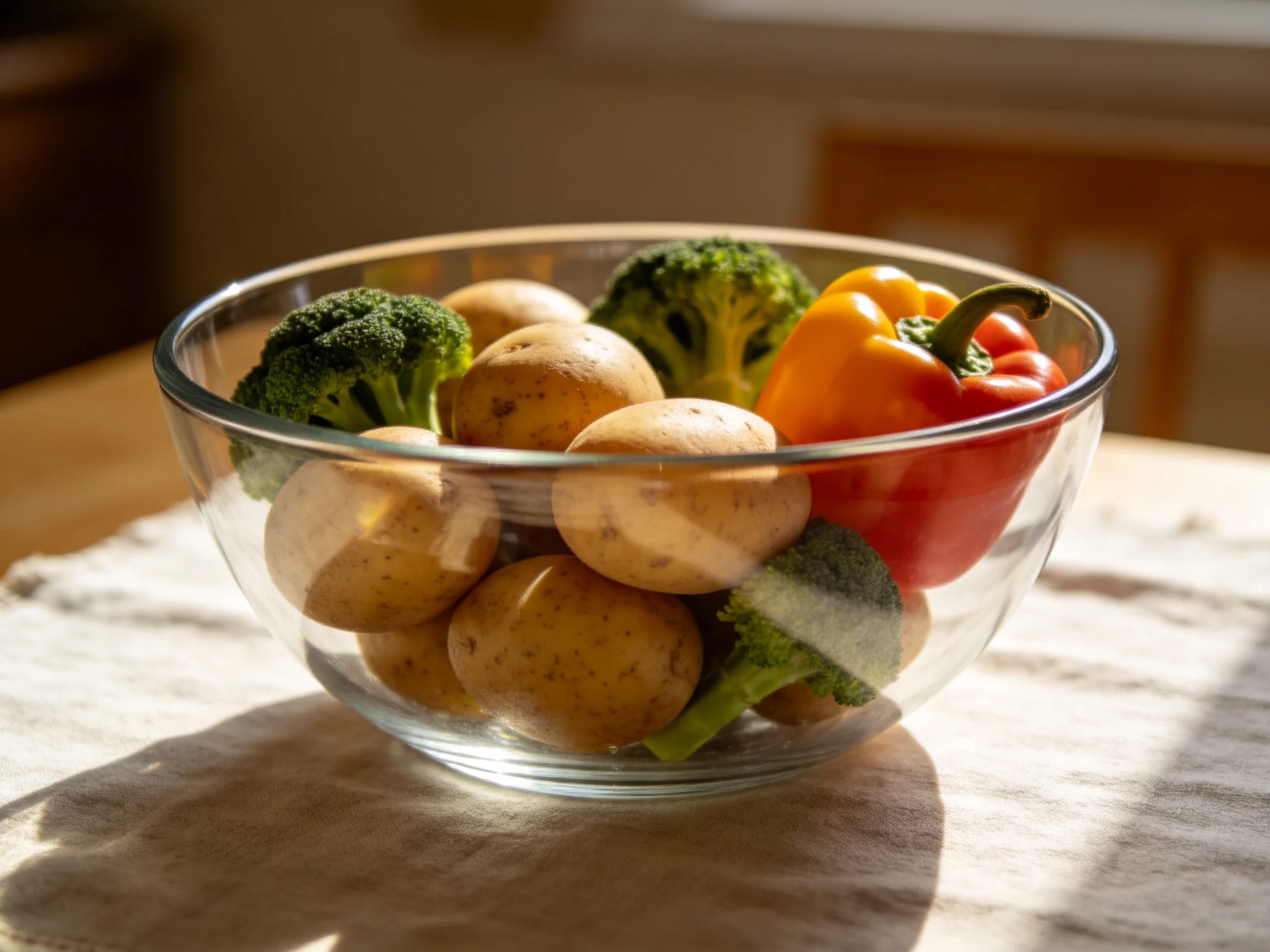 A clear glass bowl holds small potatoes, broccoli, and colorful bell peppers