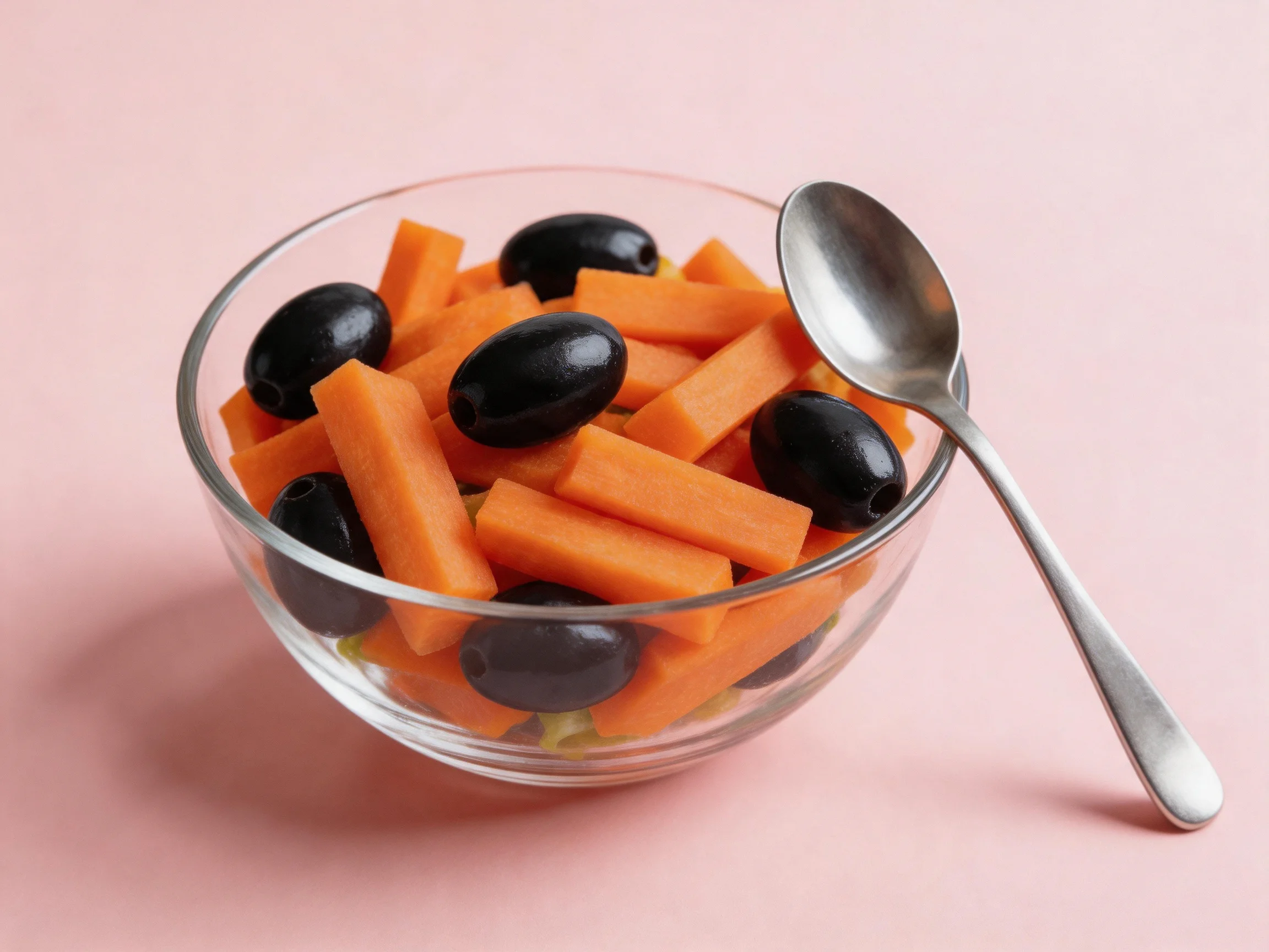 A clear glass bowl with orange carrot sticks, black olives, and a metal spoon on a pink surface