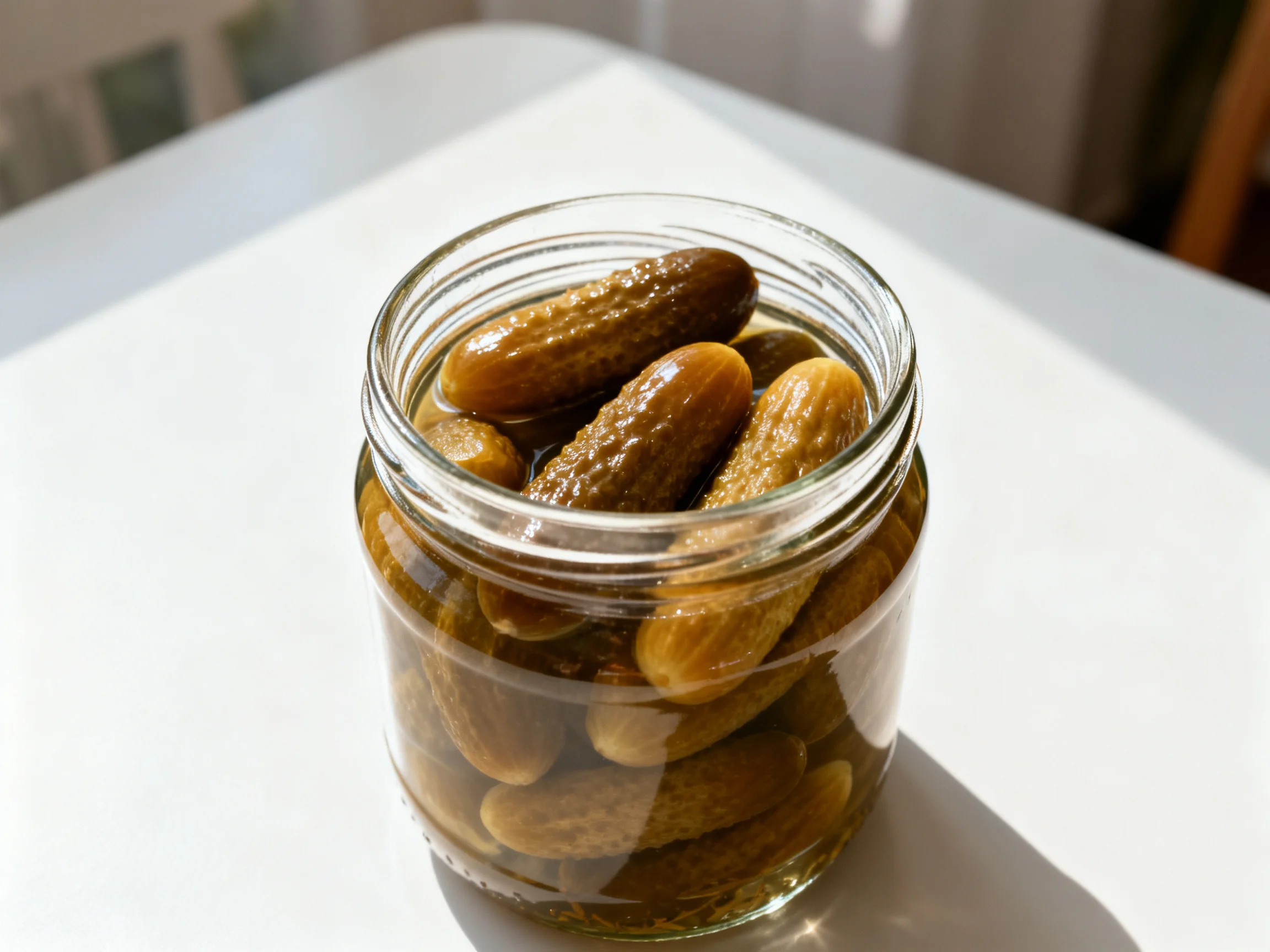 A clear glass jar filled with assorted pickled cucumbers in brine