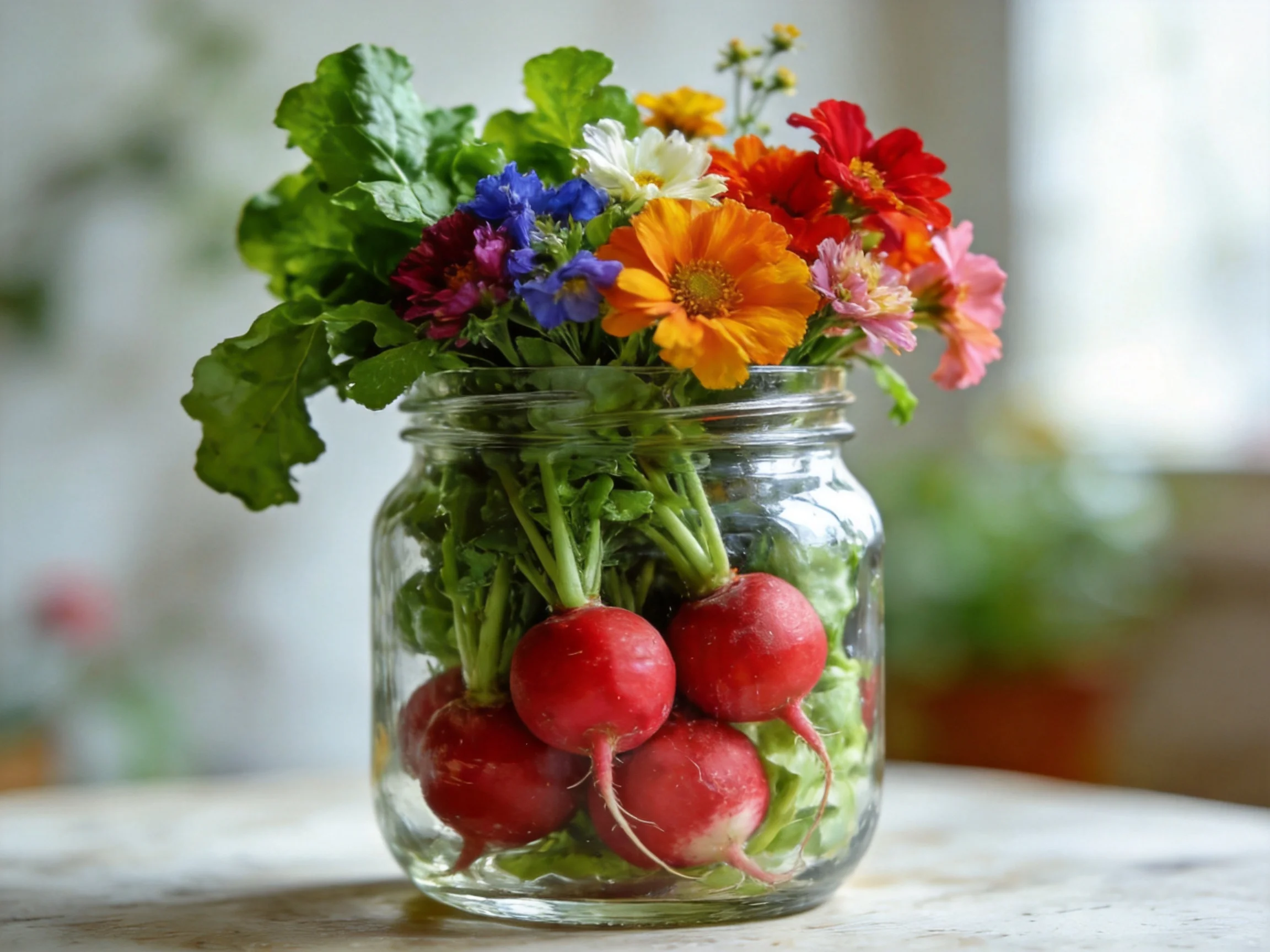 A clear glass jar holds vibrant mixed flowers and red radishes