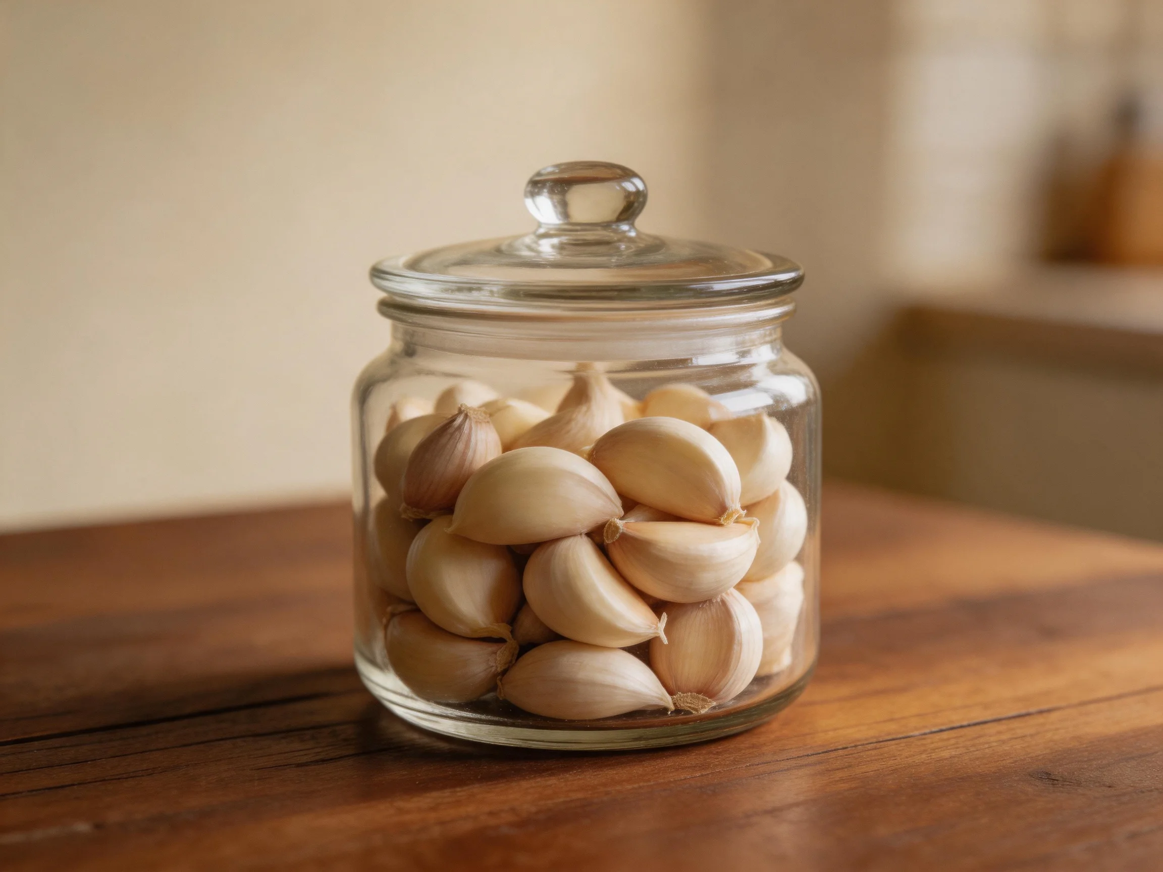 A clear glass jar with lid holding pale garlic cloves on wooden table