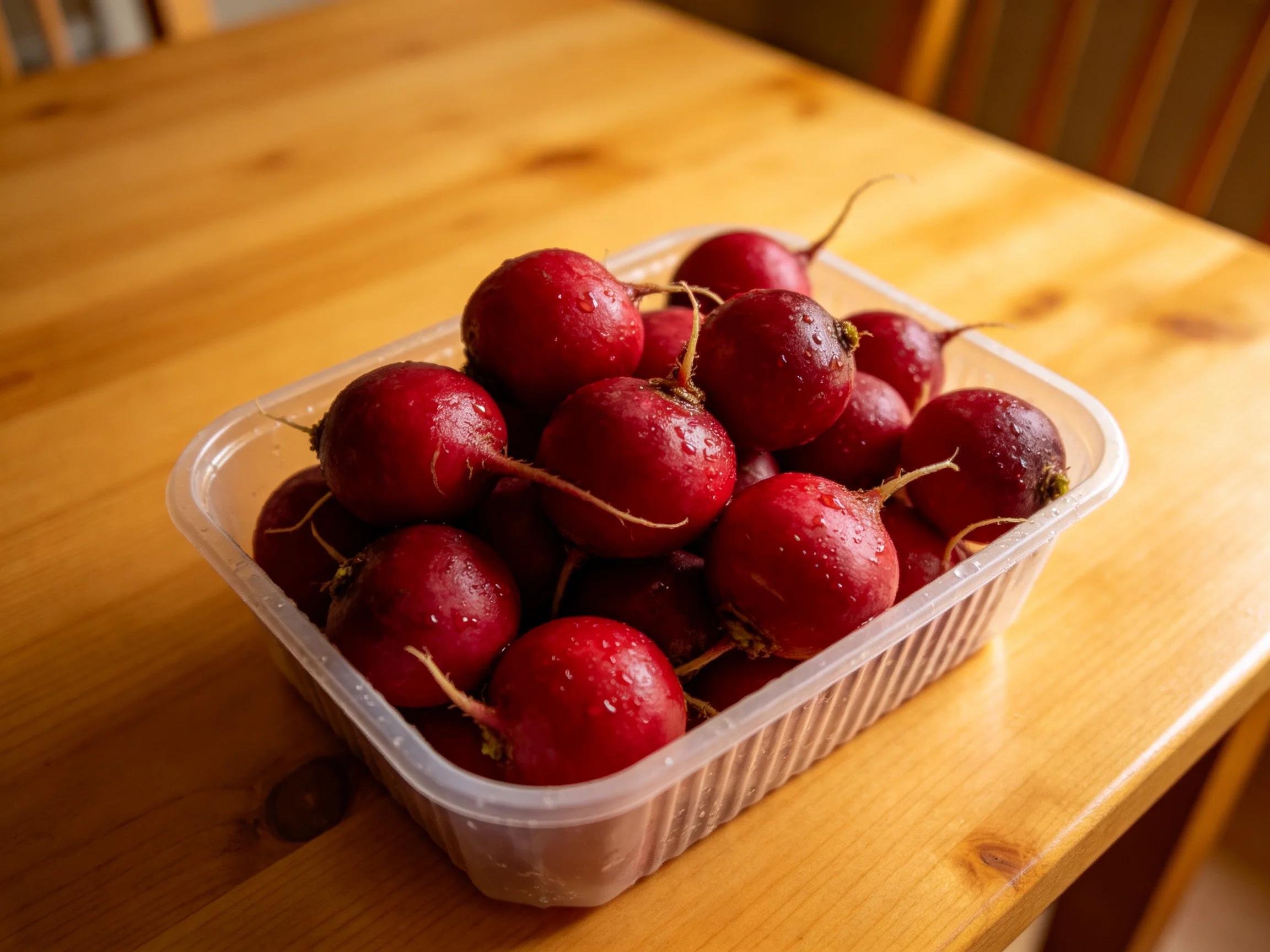 A clear plastic container holds vibrant red radishes on a polished wooden table