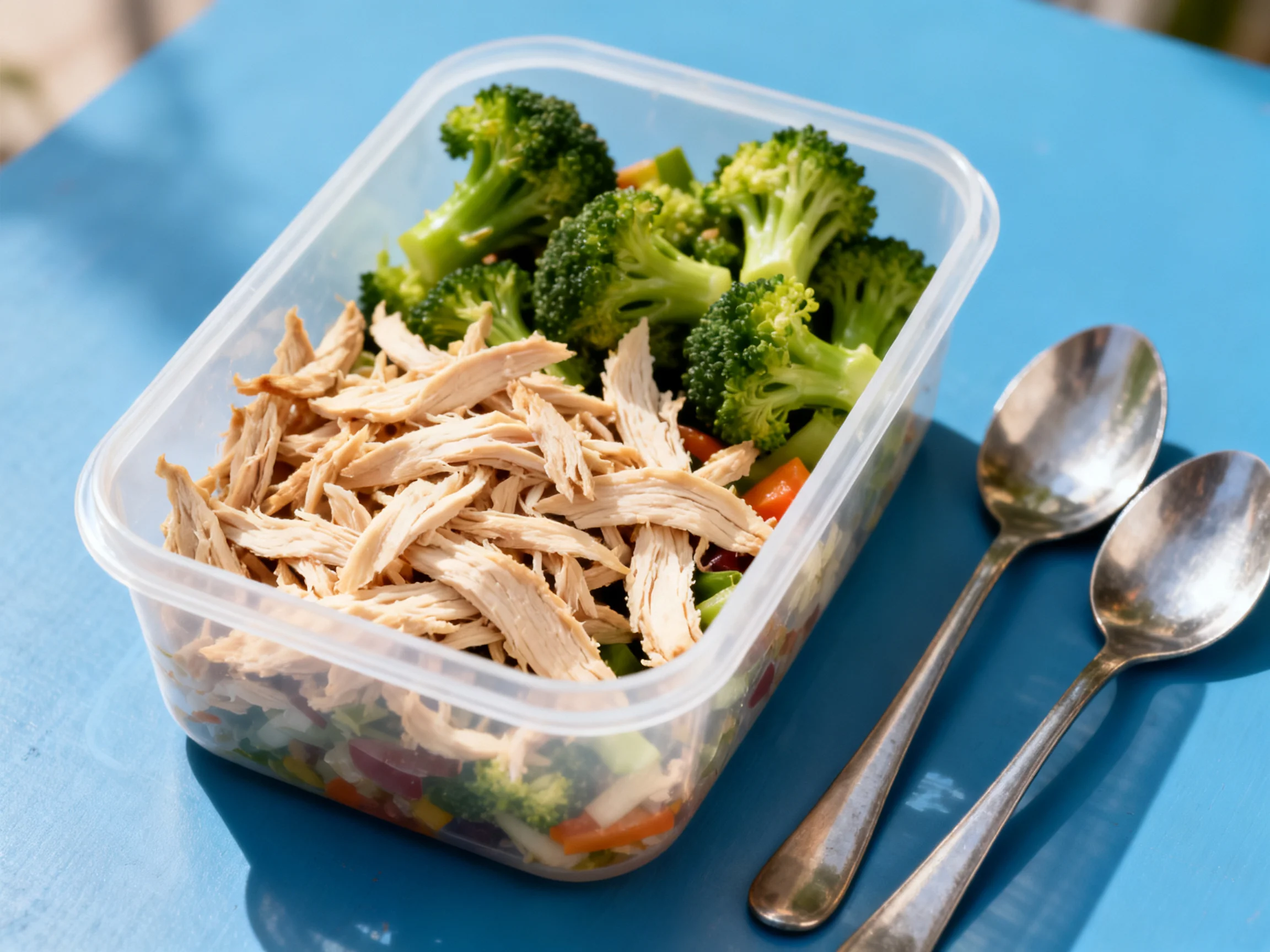 A clear plastic container with shredded chicken, broccoli, and mixed vegetables near metal spoons